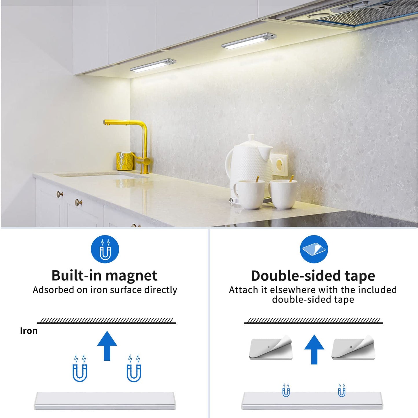 Under-Unit Light Kitchen LED 20.5 cm Cabinet Lighting with Motion Sensor Continuously Dimmable Under-Unit Strip LED Strip 1000 mAh Rechargeable Night Light for Kitchen Stairs Mirror Cabinet Bookshelf Pack of 2 - GLS-C015