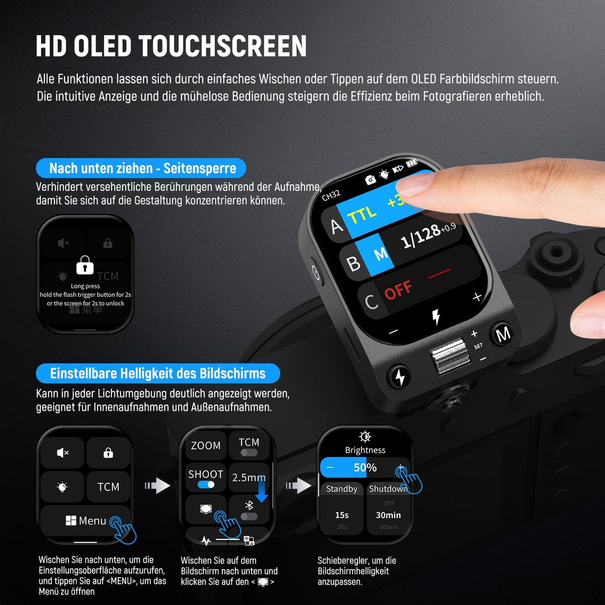 NEEWER QZ-F TTL Flash Trigger, compatibil cu camerele Fujifilm, comutator HSS de 1/8000s, acumulator de 1000mAh, ecran OLED tactil pentru sistemul Q de 2,4GHz Z3 Z2PRO Z2II Z2 Z880 Q6 Q4 Q300 Q200
