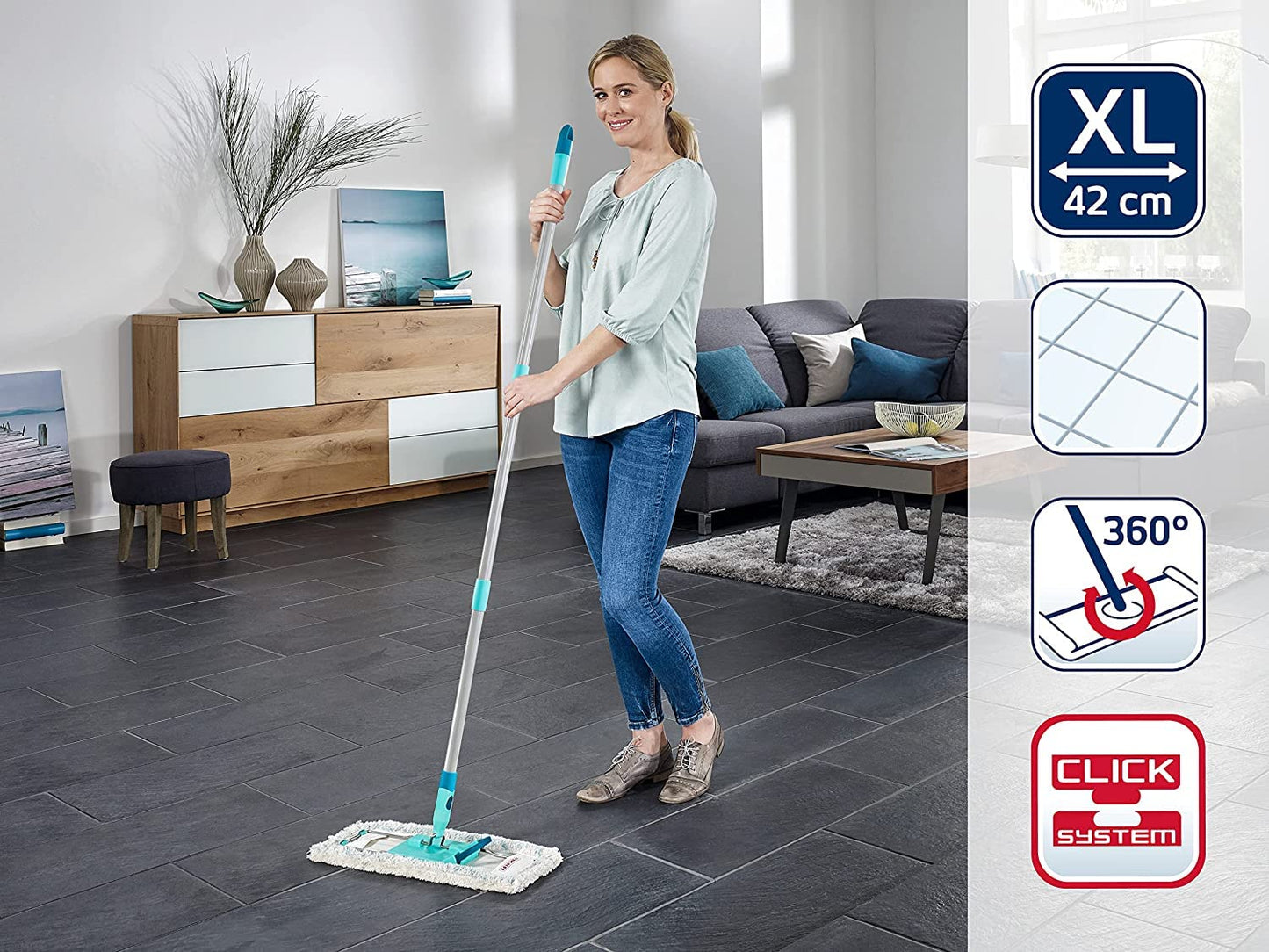 Leifheit back-friendly floor mop Profi XL Cotton Plus, steel handle 146cm, mop with foot click, for tiled and stone floors, 360° swivel joint, click system, environmentally friendly cardboard - 55456