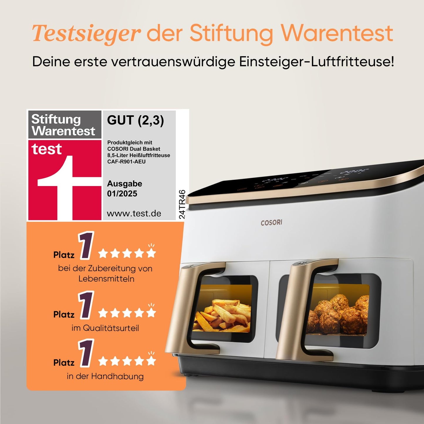 COSORI hot air fryer 2 chambers, test winner from Stiftung Warentest, 8.5 L 6-in-1 air fryer with viewing window, black and white - CAF-R904-AEU