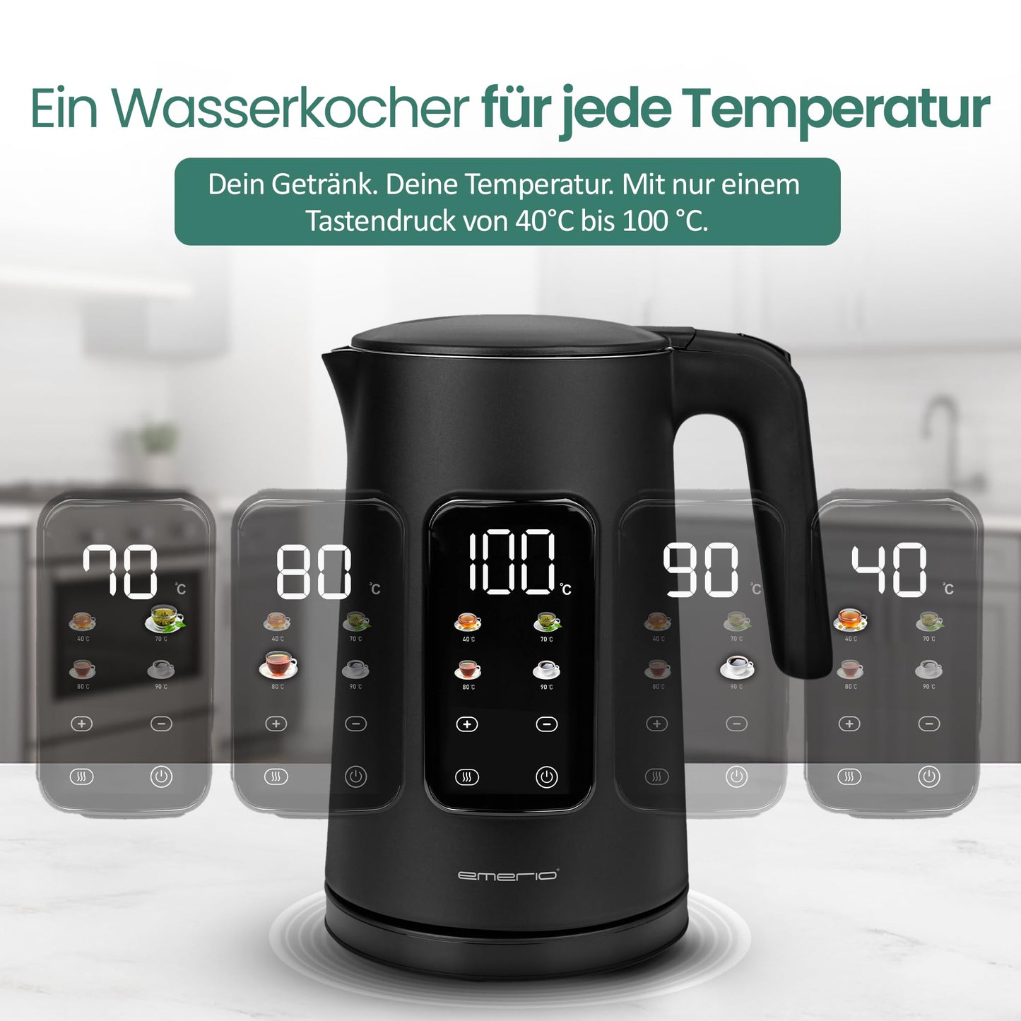 EMERIO kettle stainless steel 1.7L - insulated double wall - temperature selection 40-100°C in 5°C steps - digital display with tea & keep warm function - 2200W - auto-off | WK‑132229 - WK-132229