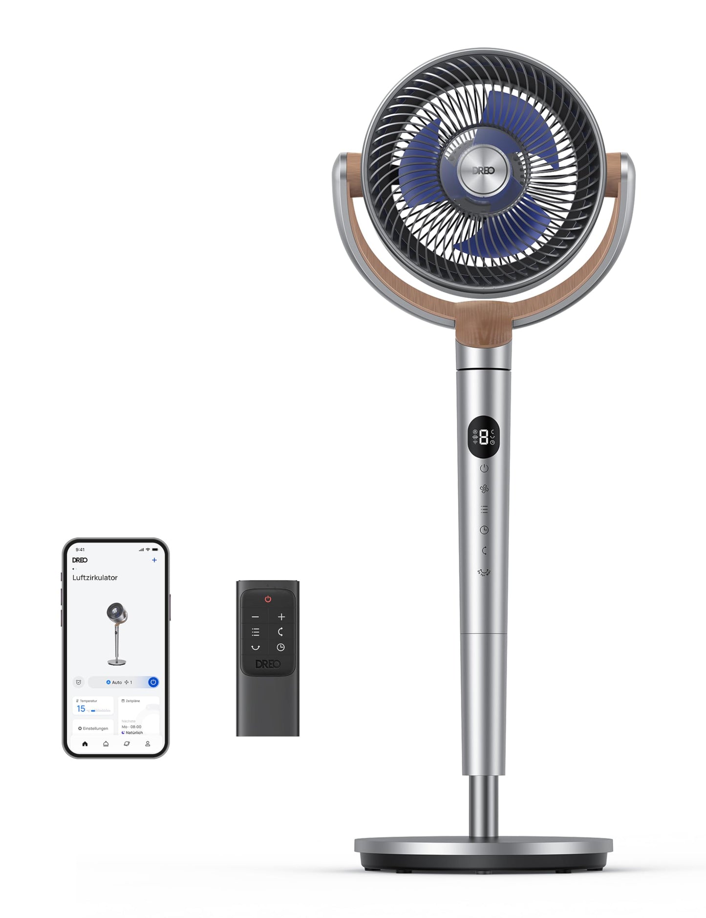 DREO Smart Pedestal Fan, 120°+120° Oscillating Fan with Wi-Fi/Voice Control, 20dB Quiet Floor Fan for Bedroom, Adjustable Height, 8 Speeds, 6 Modes, 12H Timer - DR-PF002S
