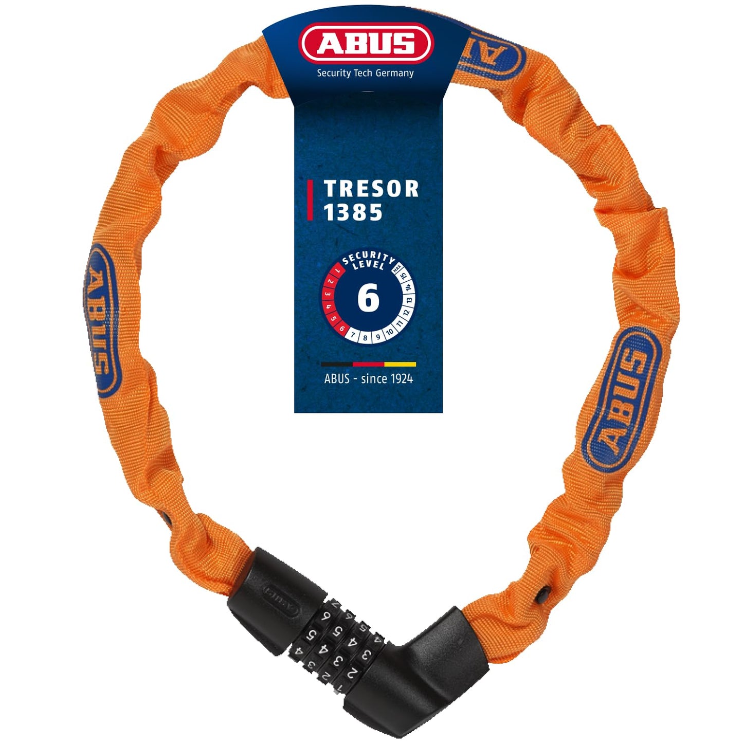 ABUS chain lock Tresor 1385/75 Neon - combination lock made of hardened steel - 6 mm thick square chain - ABUS security level 6 - 75 cm - orange - 71264