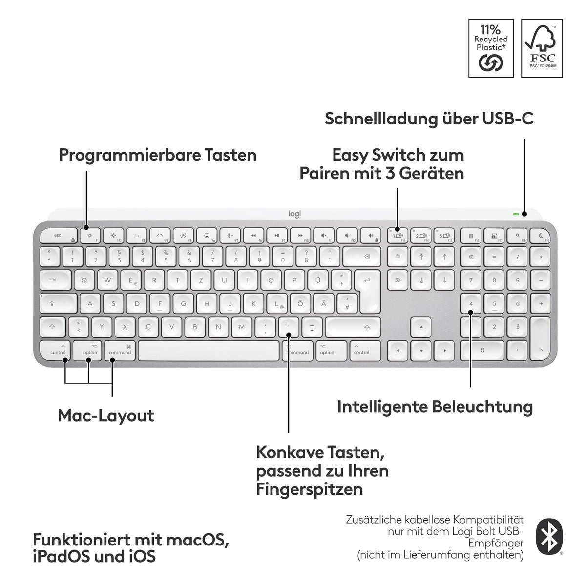 Logitech MX Keys S for Mac, wireless keyboard, fluid (Light Gray) - 920-011624