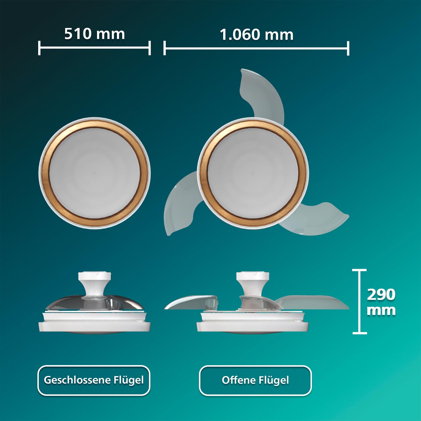 Philips Bliss ceiling fan with LED light and retractable blades, 3 blades, 106 cm wingspan, 4,500 lumens, adjustable light (3,000 K to 6,500 K), dimmable up to 5%, incl. remote control, gold - 929004749801