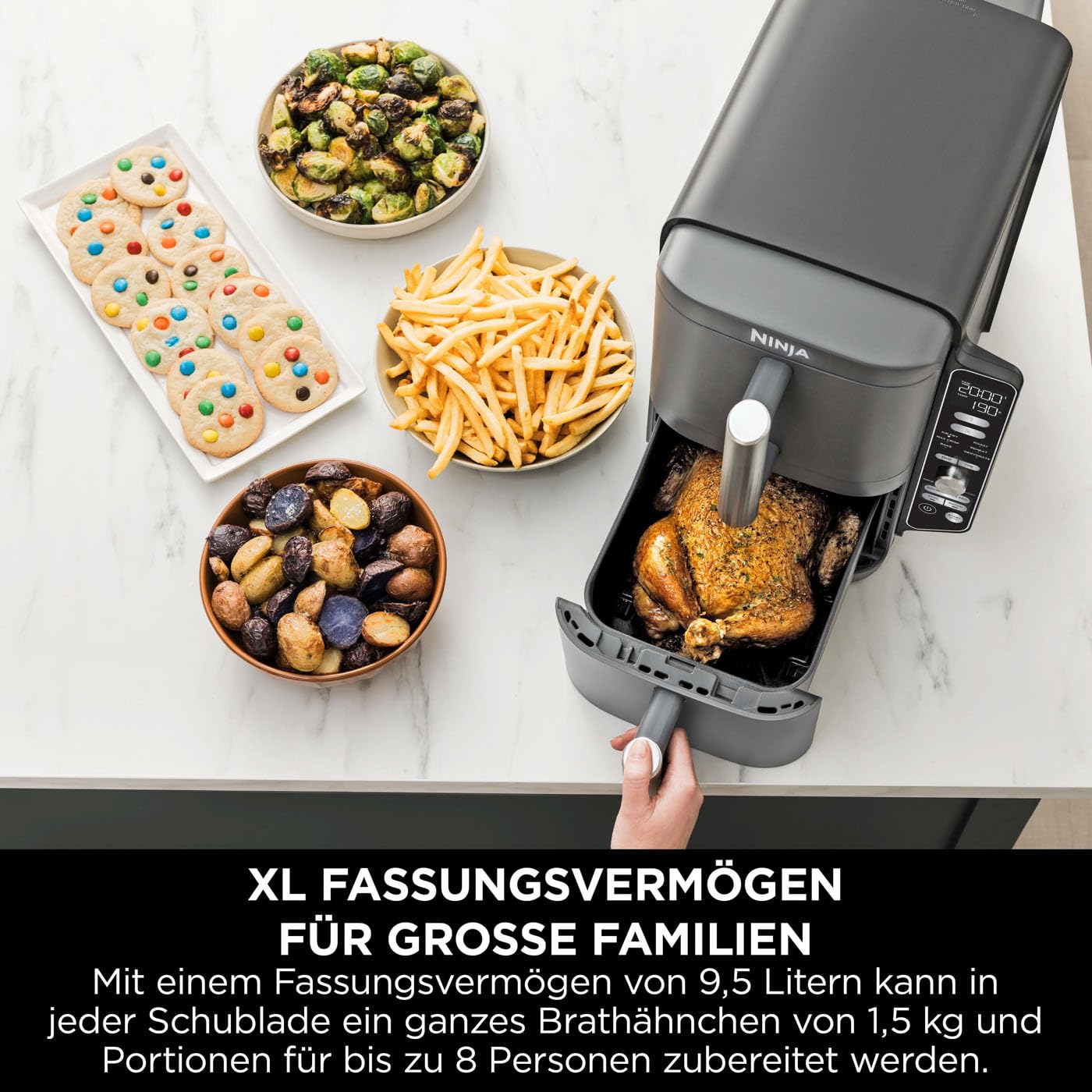 Ninja Double Stack XL Air Fryer Hot Air Fryer, 9.5L Airfryer, Double Basket Hot Air Fryer with 4 Cooking Levels, 2 Baskets, 2 Racks, Space Saving Design, 6 Cooking Functions, 8 Servings, Gray SL400EU