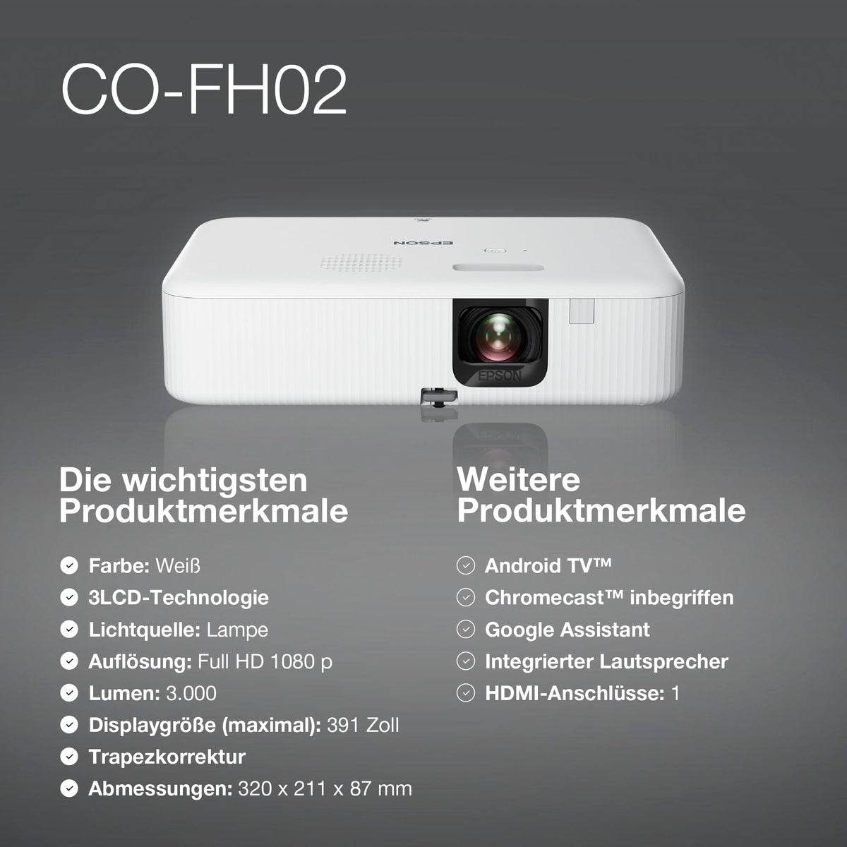 Epson CO-FH02 | Full HD 1080p Smart TV Projector | Android TV | 3LCD | 3,000 ANSI Lumens | 391" Projection Size | Easy Setup | Keystone Correction | HDMI | For Home and Office | White - V11HA85040