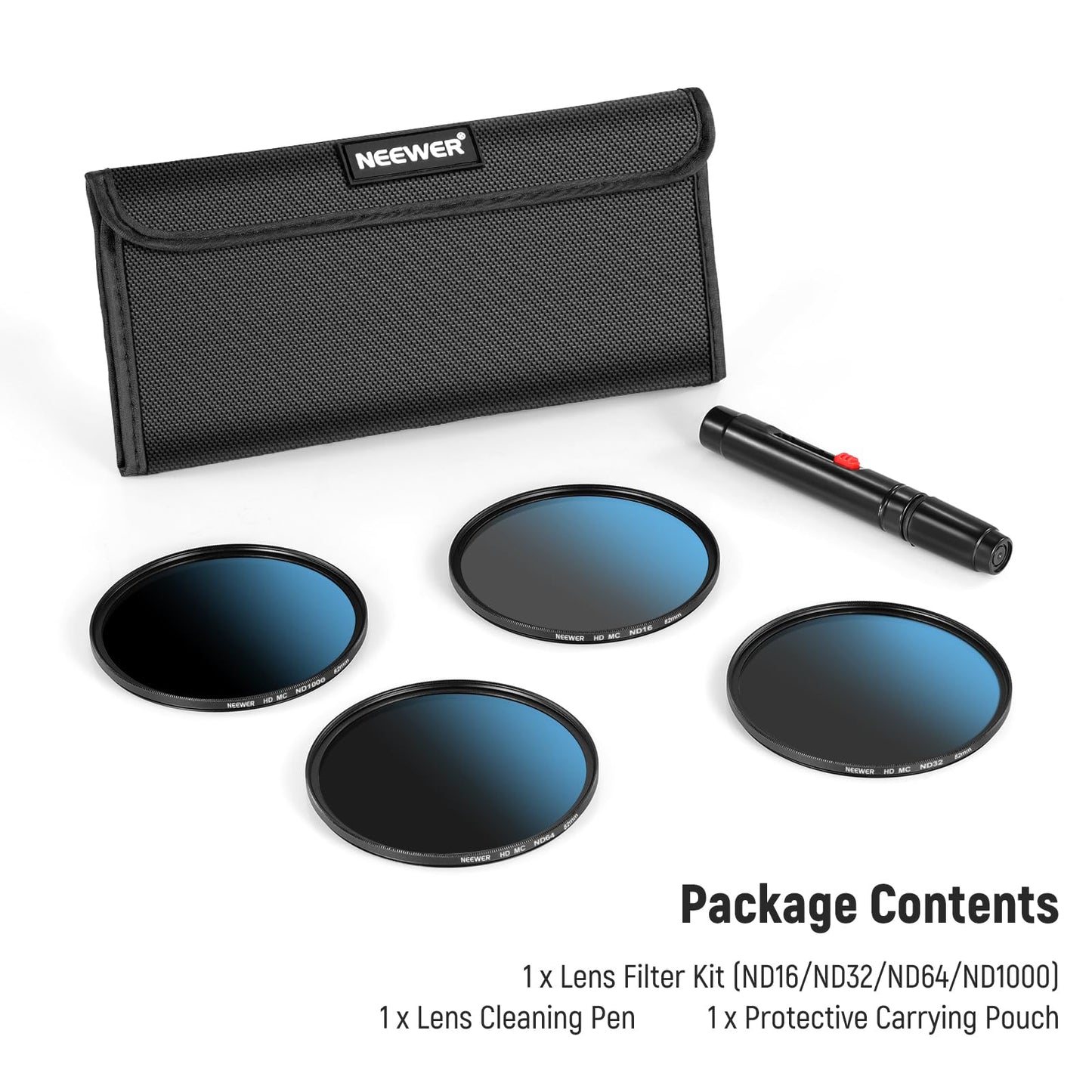 NEEWER 82 mm ND filter set, ND16/ND32/ND64/ND1000, lens cleaning pen, filter bag, HD filter accessory set, compatible with Canon Nikon Sony camera lens - NW