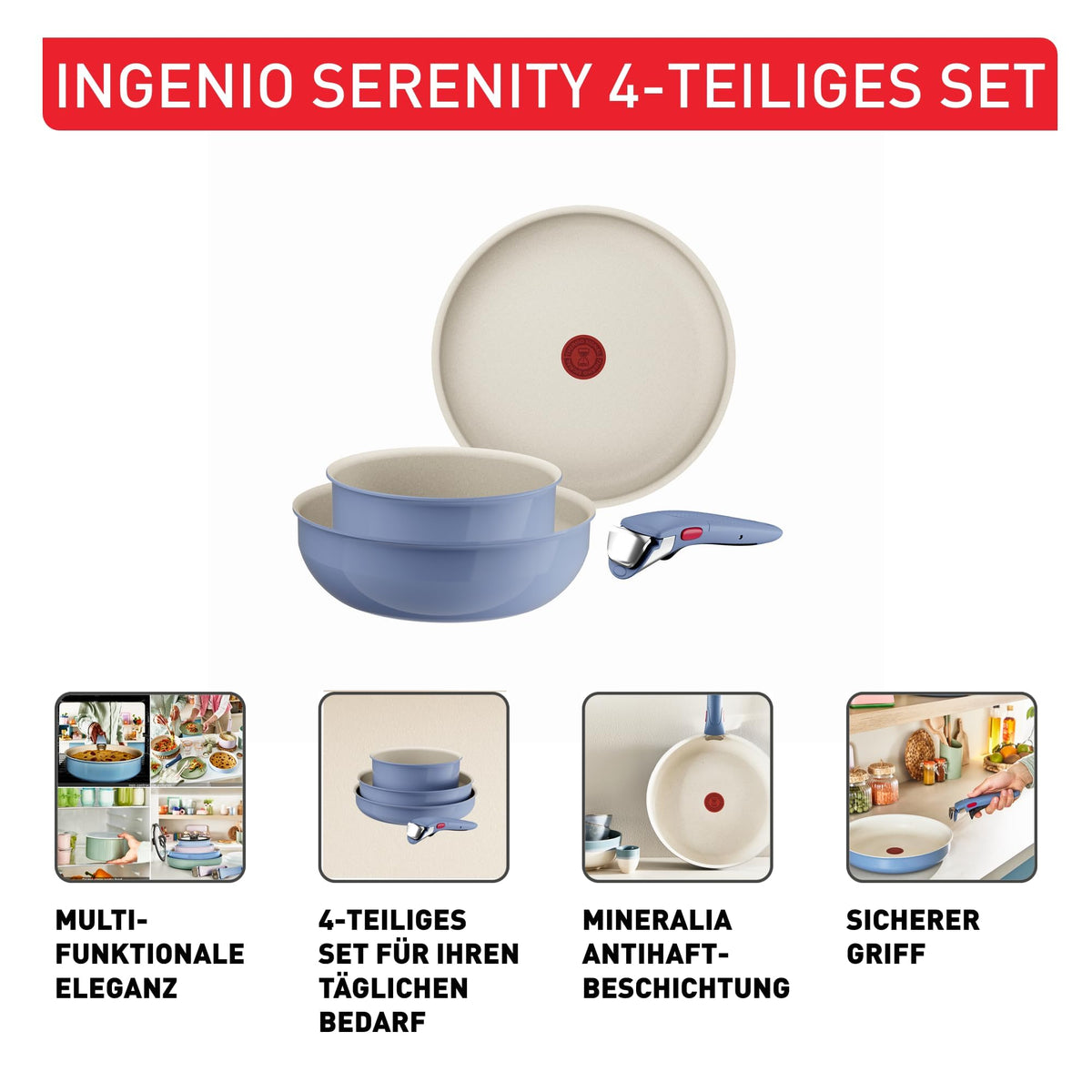 Set de vase de gătit Tefal Ingenio Serenity 4 piese, cu înveliș antiaderent Mineralia, economisire de spațiu, stivuibil, potrivit pentru toate tipurile de plite, lavabil în mașina de spălat vase, Blue Salt, L8294S04