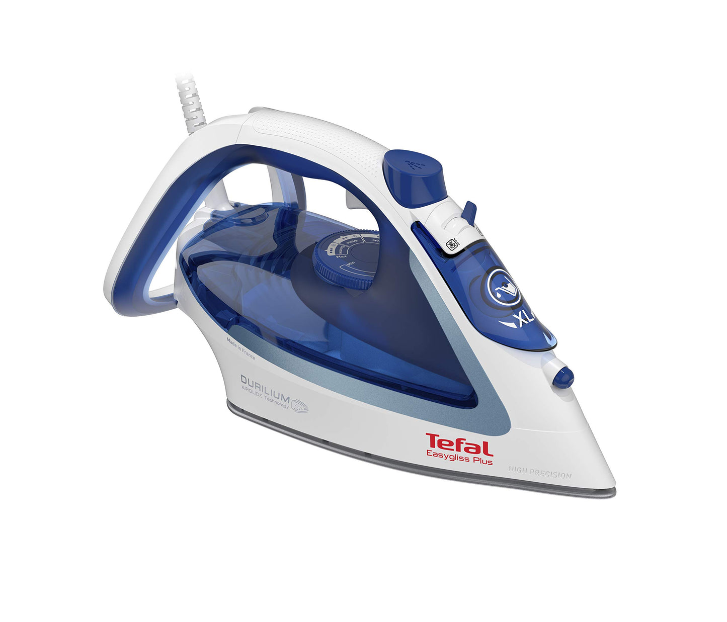 Tefal Easygliss steam iron, 2500 watts, steam boost 220 g/min., tank capacity 270 ml, Durilium Airglide soleplate, quick heat-up time, XL water tank refill opening, blue/white, FV5736