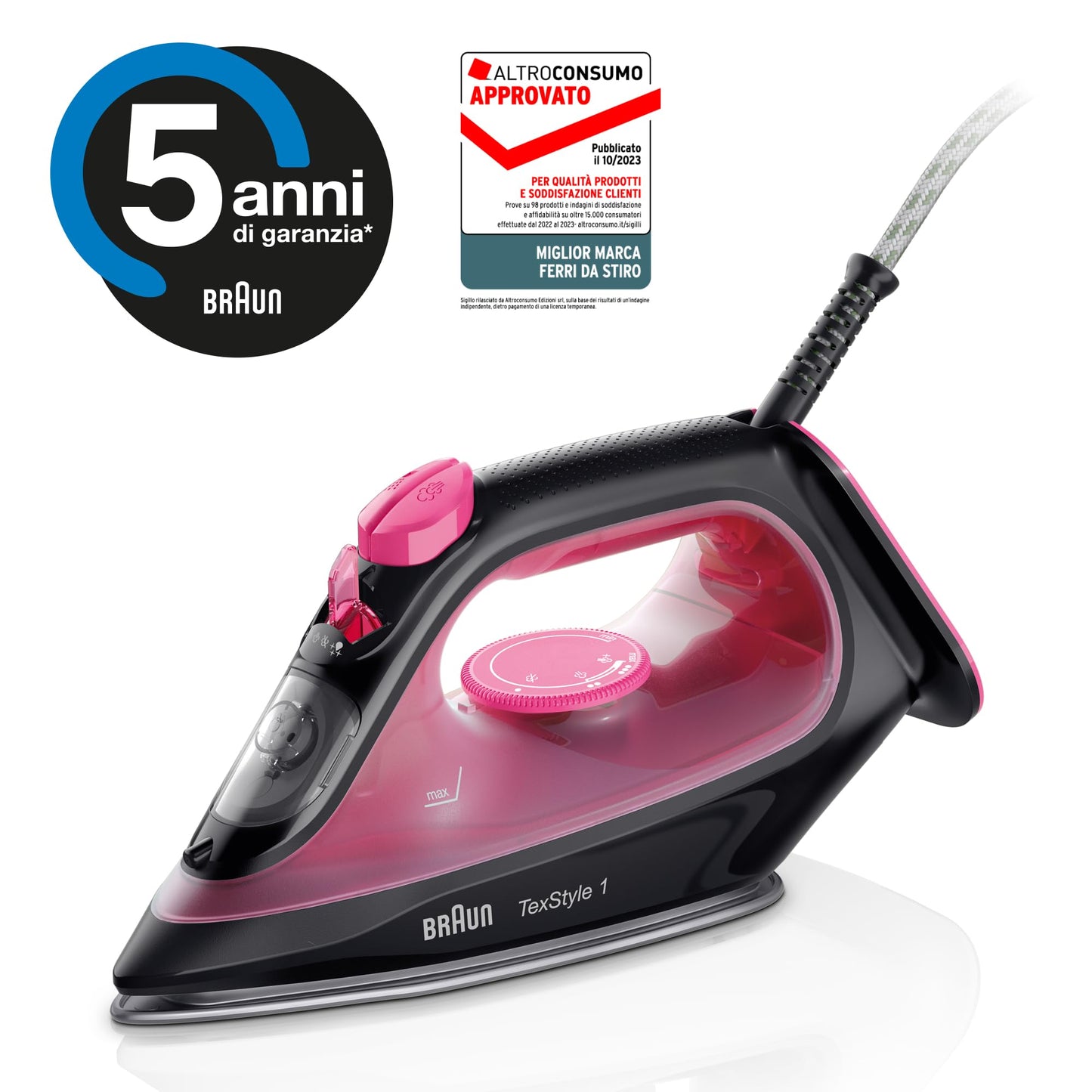Braun TexStyle 1 SI1070PU, iron with 4 years support, SuperCeramic plate, precision tip, 130g, min, refill of 220ml, Eco mode, anti-drip system, 2000W, purple