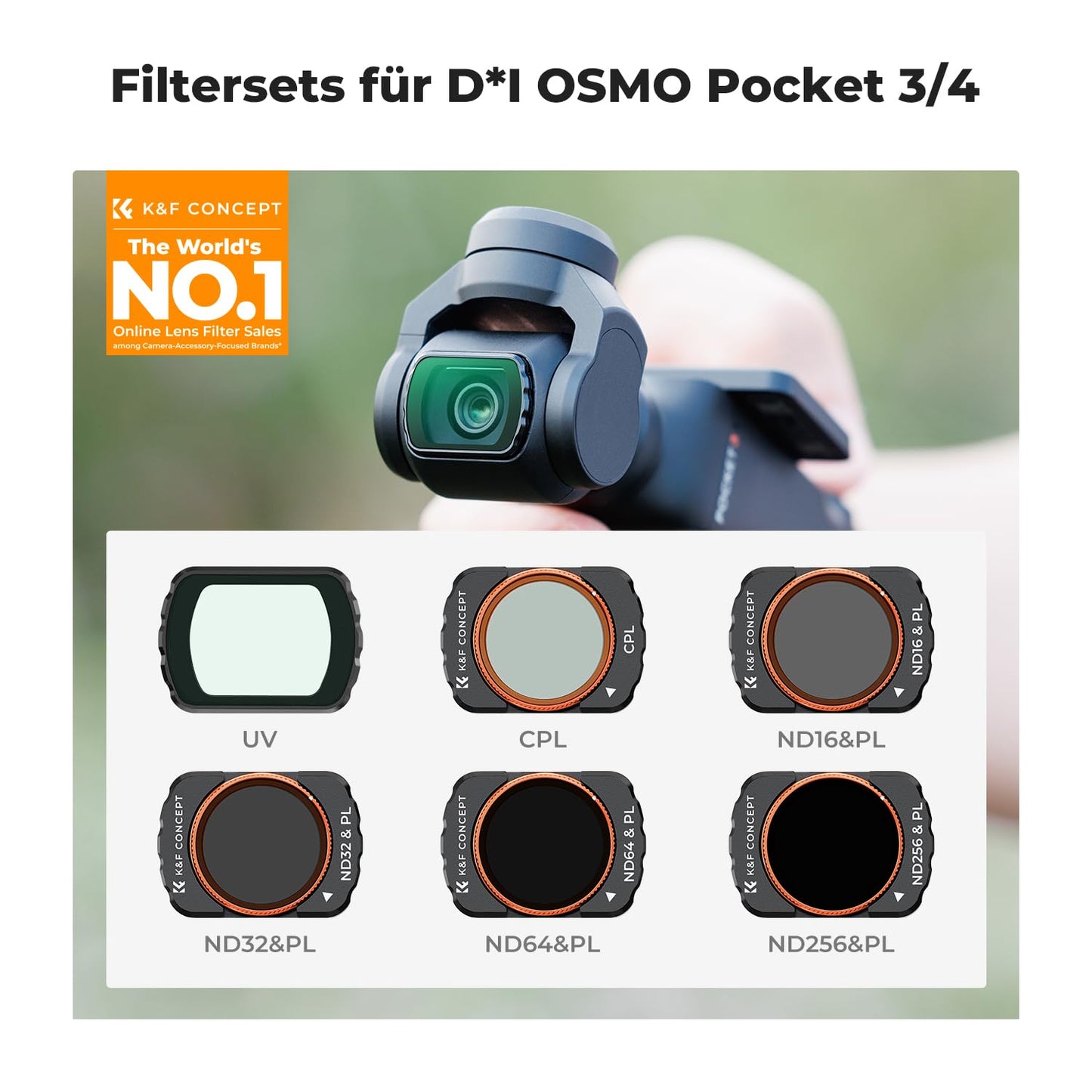 K&F CONCEPT magnetic filter set, compatible with DJI OSMO Pocket 4/3, pack of 6 UV, CPL, ND16/PL, ND32/PL, ND64/PL, ND256/PL filters, Osmo Pocket 4/3 accessories (aluminum frame) - SKU.2149
