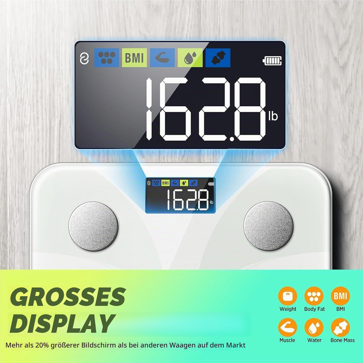 RunSTAR Cântar de grăsime corporală, cântar digital pentru persoane cu display mare, analizator pentru 13 valori esențiale ale corpului, cu sincronizare prin aplicație - Alb - FG2431W