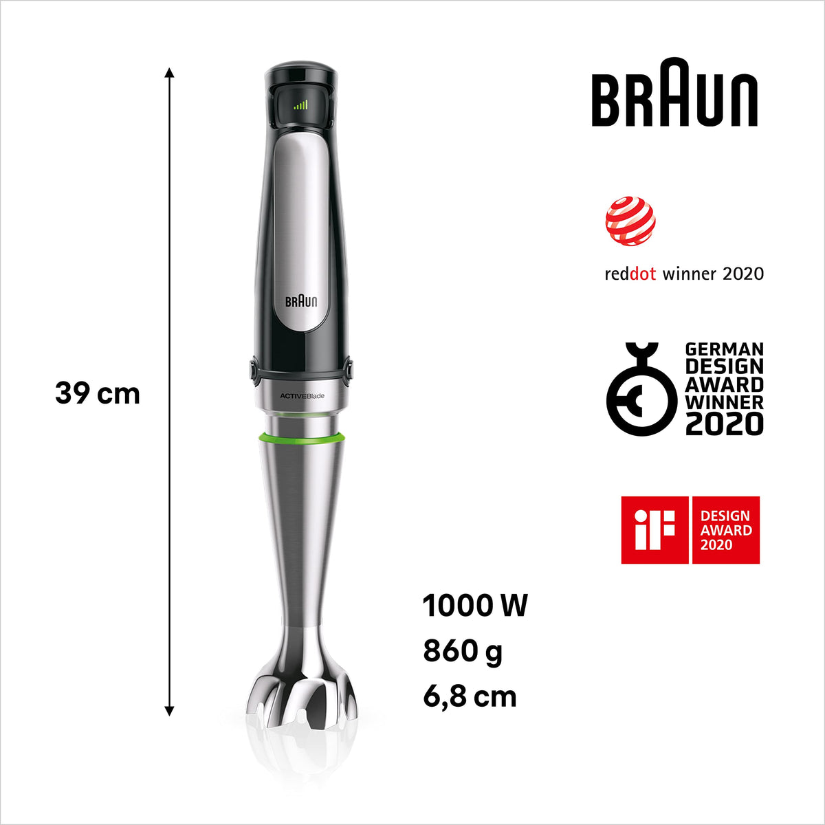 Braun MultiQuick 7 - Hand blender with SplashControl technology, ActiveBlade system, precise speed control, 1.5L kitchen mixer, chopper, whisk, 600 ml cup, 1000W, Black (MQ7087X)