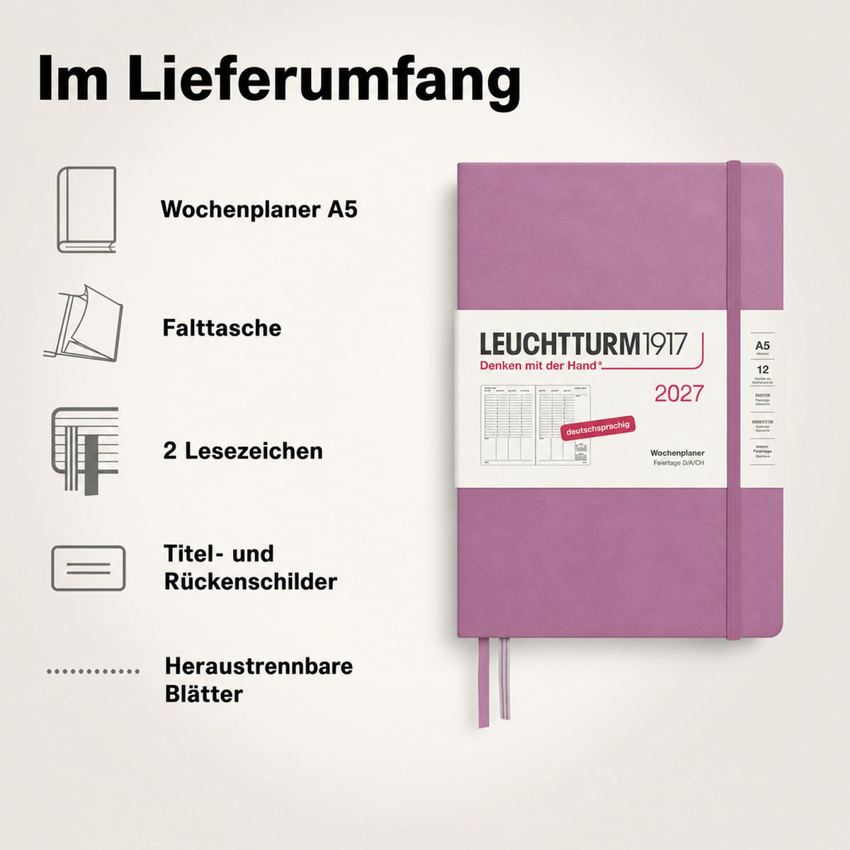 LEUCHTTURM1917 Planificator săptămânal 2027 Mediu (A5) - Germană, Dusty Rose, 210 x 145 mm, ianuarie-decembrie (12 luni), prezentare generală săptămânală cu grilă orară 7:00 a.m. - 22:00 p.m. pe coloană, copertă cartonată, hârtie de 80 g/m² - 400146