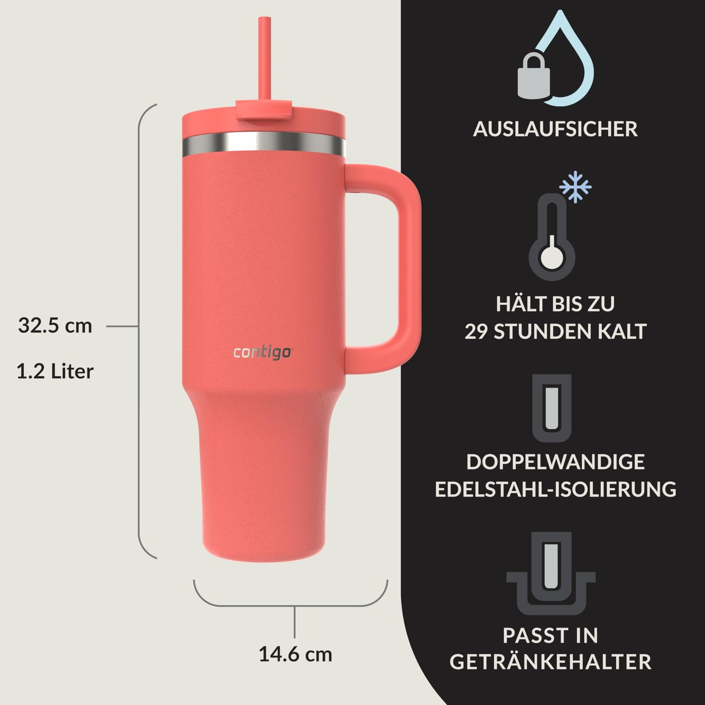 Contigo thermos bottle 1200 ml with handle and straw | Stainless Steel Insulated Thermal Drinking Bottle with Lid | Cools for 29 hours | Travel Mug | Thermo mug | - 2217787