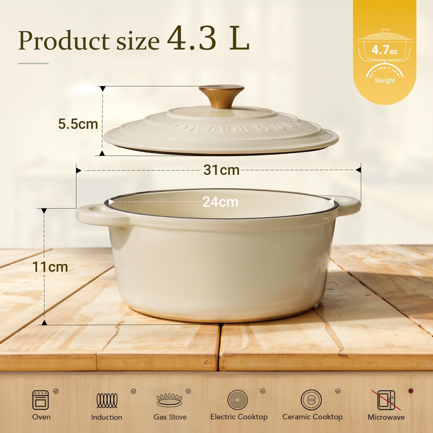 Overmont roasting pan enamel cast iron pot - casserole dish 24cm oven-safe - with lid and cookbook - for kitchen baking stewing roasting white - Enamelled