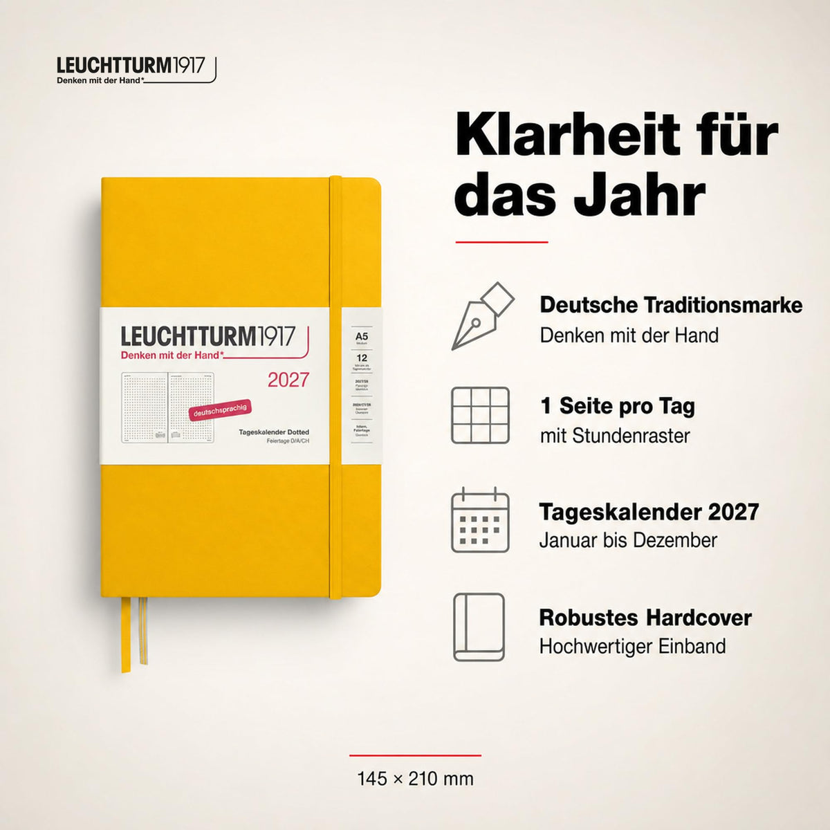 LEUCHTTURM1917 Calendar zilnic 2027 punctat mediu (A5) - germană, floarea soarelui, 145 x 210 mm, ianuarie-decembrie (12 luni), 1 pagină pe zi, grilă orară 7:00-22:00, copertă cartonată, hârtie de 80 g/m² - 400168