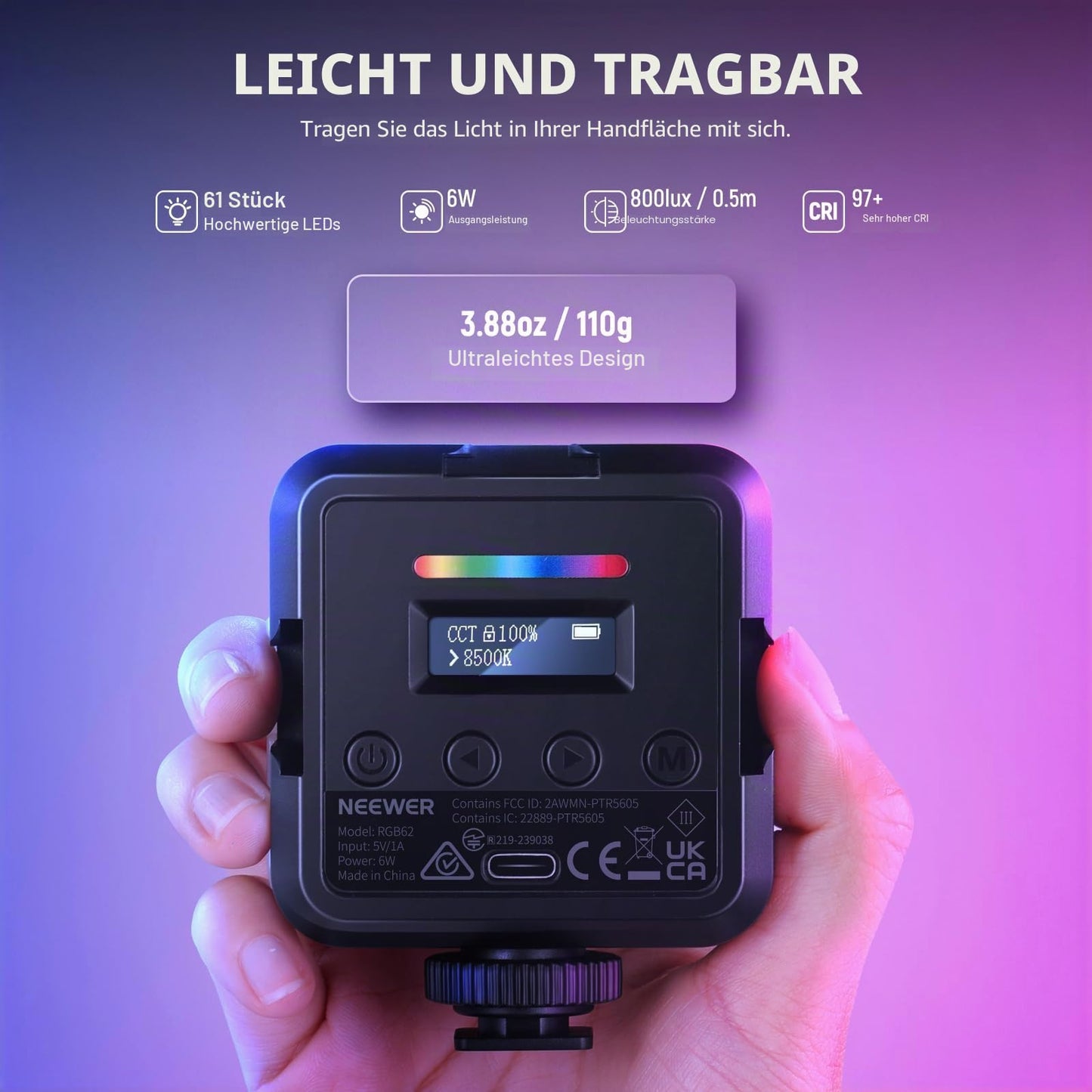 NEEWER RGB62 Video Light RGB Magnetic with App Control 2 Pack 360° LED Camera 360° with 3 Cold Shoes CRI97+ 2500K-8500K 17 Scenes 2000mAh Rechargeable Portable Selfie