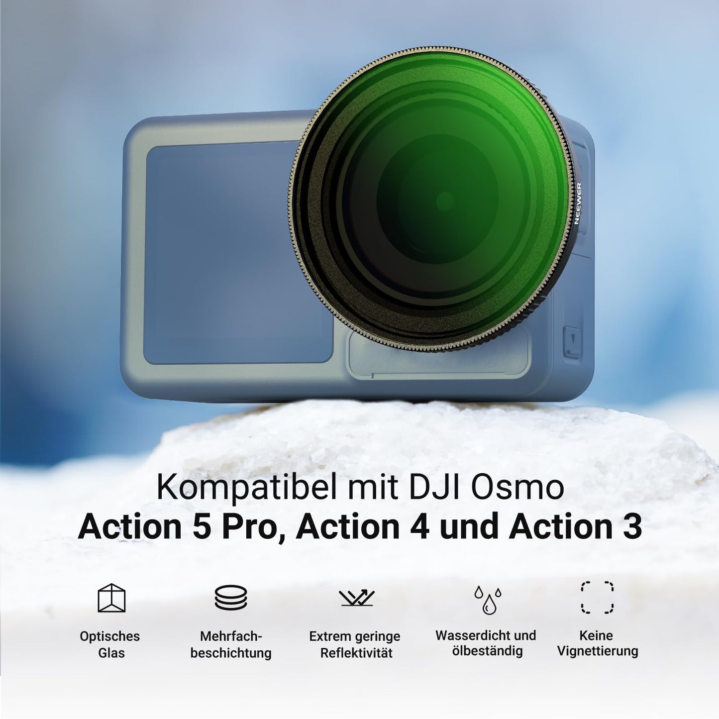 NEEWER Variable ND filter compatible with DJI Osmo Action 5 Pro/4/3, ND2-32, 1-5 Stop, Snap On, multi-coated HD optical glass, gray filter, action cam lens filter, photography accessories - 10107500