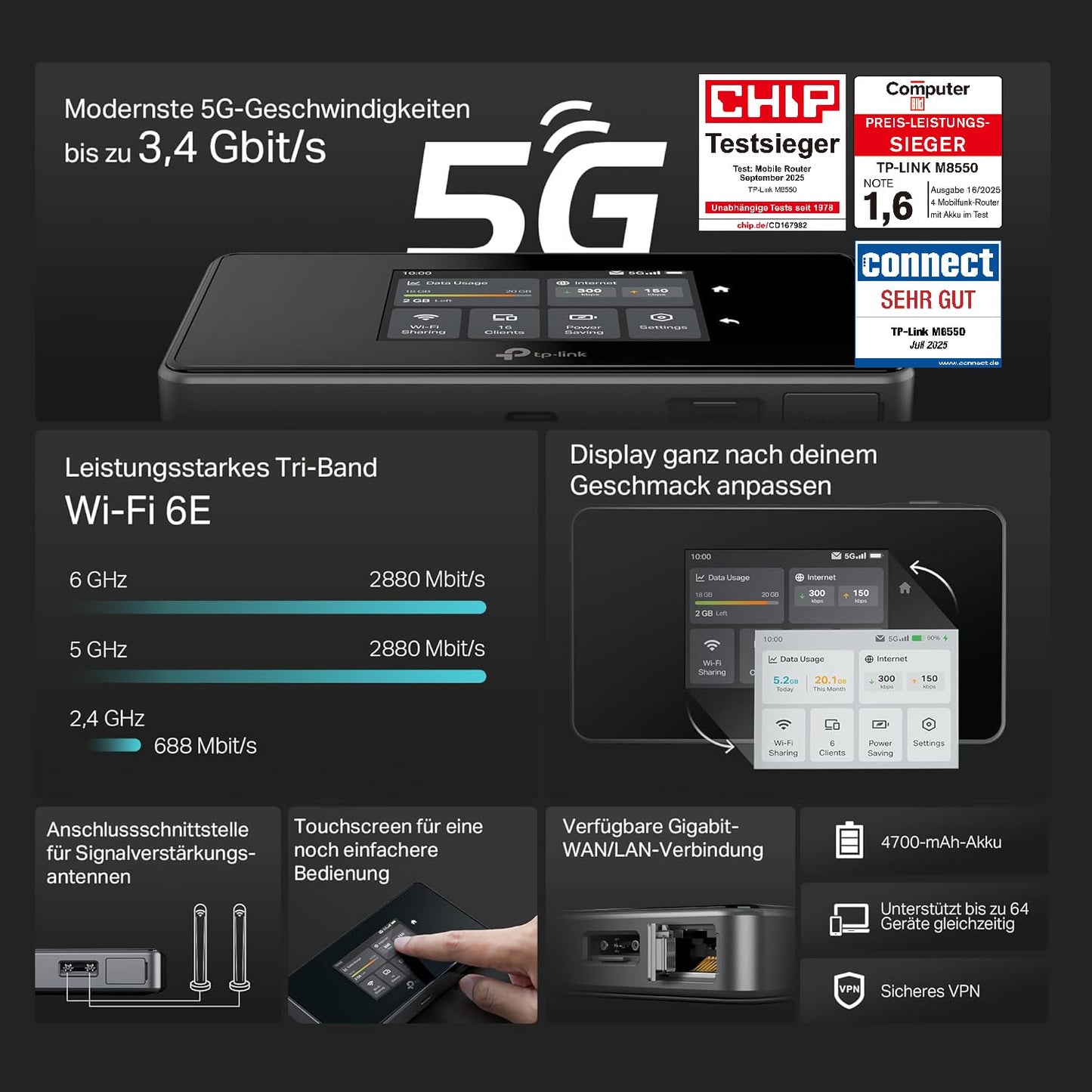 TP-Link M8550 5G LTE Mobile WLAN Router - Up to 3.4 Gbit/s, Tri-Band Wi-Fi 6E, Nano SIM card slot, Gigabit WAN/LAN, 4680 mAh battery, touchscreen, Wireguard, up to 32 devices