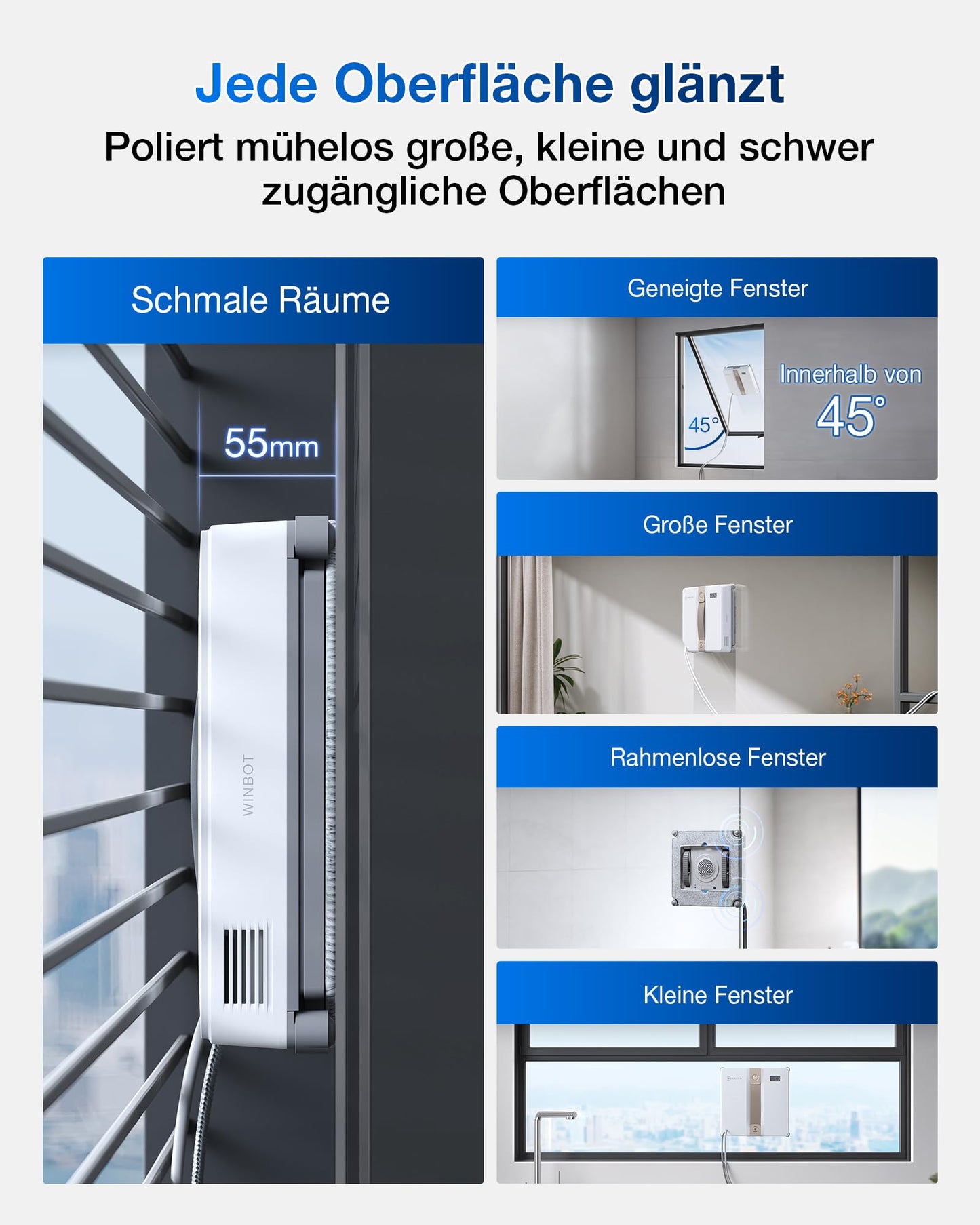 ECOVACS WINBOT MINI window cleaning robot, compact design, double nozzles with ultrasonic atomization, 9-level protection system, intelligent path planning, 4 cleaning modes, anti-slip system, white