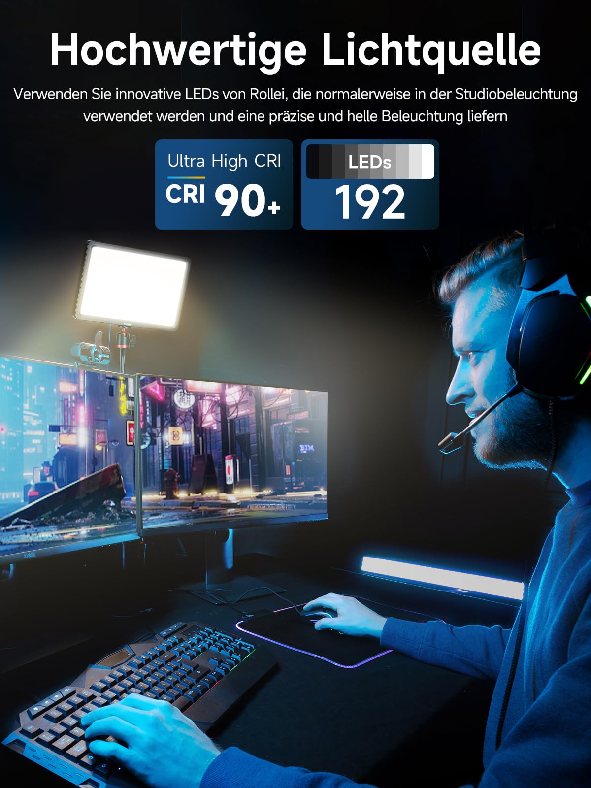 Rollei Lumis Key-Light, LED video light including table tripod and a remote control on the cable. Large bi-color desktop light with 192 dimmable LEDs (96 warm white + 96 cool white) - 28623