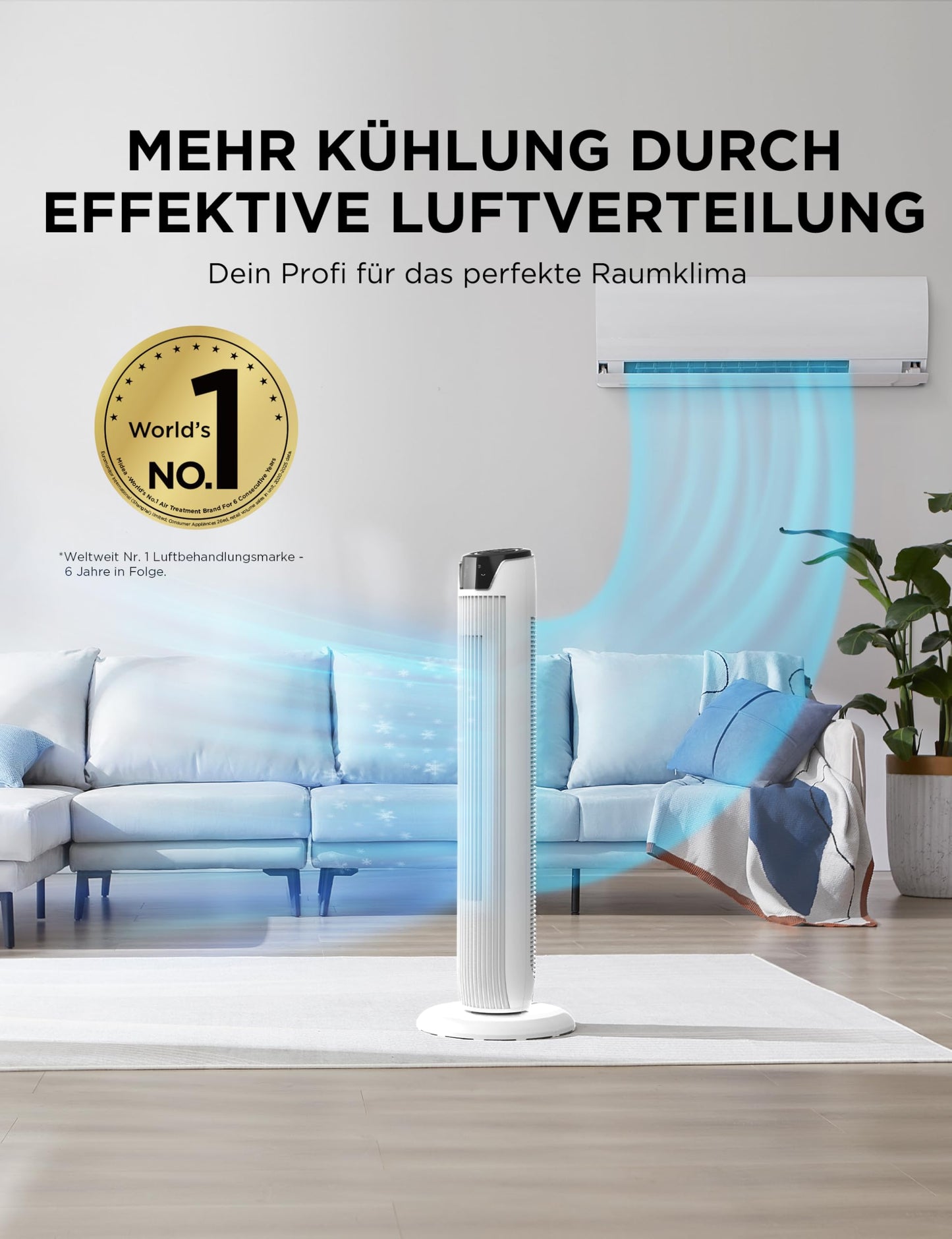 Midea FZ10-17JR(WH) Tower Fan Quiet with Remote Control 92CM, Mobile Fan, Column Fan, 7 Hour Timer, 3 Modes, 3 Speeds, 45W Stand Fan, White