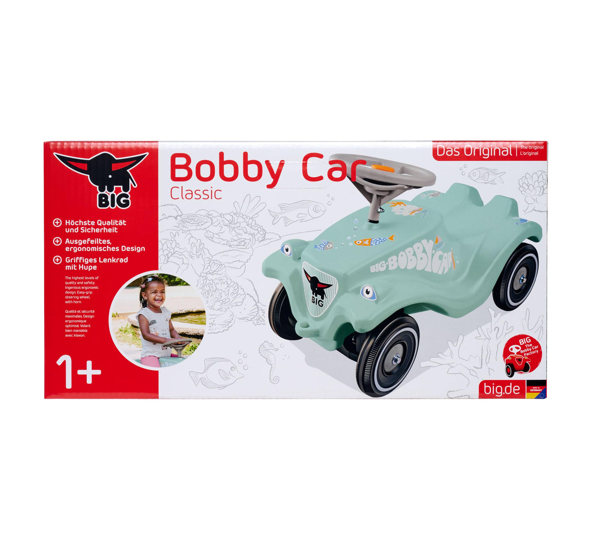 Big Bobby Car Classic Green Sea - Ride-on car for children from 1 year old in a colorful sea design with a gray safety steering wheel and horn, suitable for kids aged 1-5 years (up to 50 kg), sage green with stickers. - 800056141