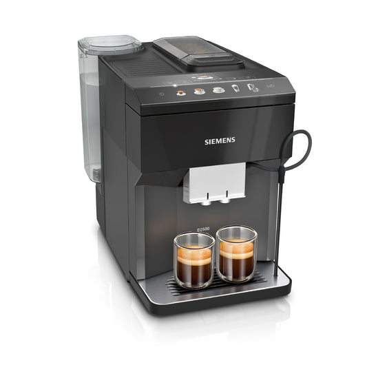 Siemens EQ500 classic fully automatic coffee machine, colored TFT display, 5 coffee and milk beverages, double cup function, easy cleaning, removable brewing unit, with milk hose, black, TP511E19