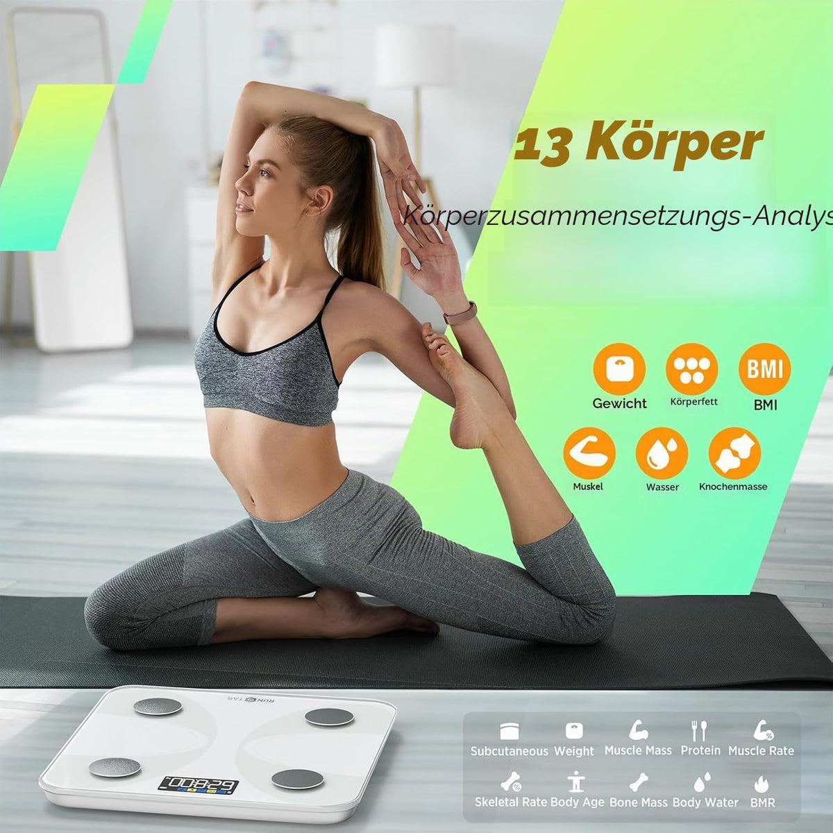 RunSTAR Cântar de grăsime corporală, cântar digital pentru persoane cu display mare, analizator pentru 13 valori esențiale ale corpului, cu sincronizare prin aplicație - Alb - FG2431W