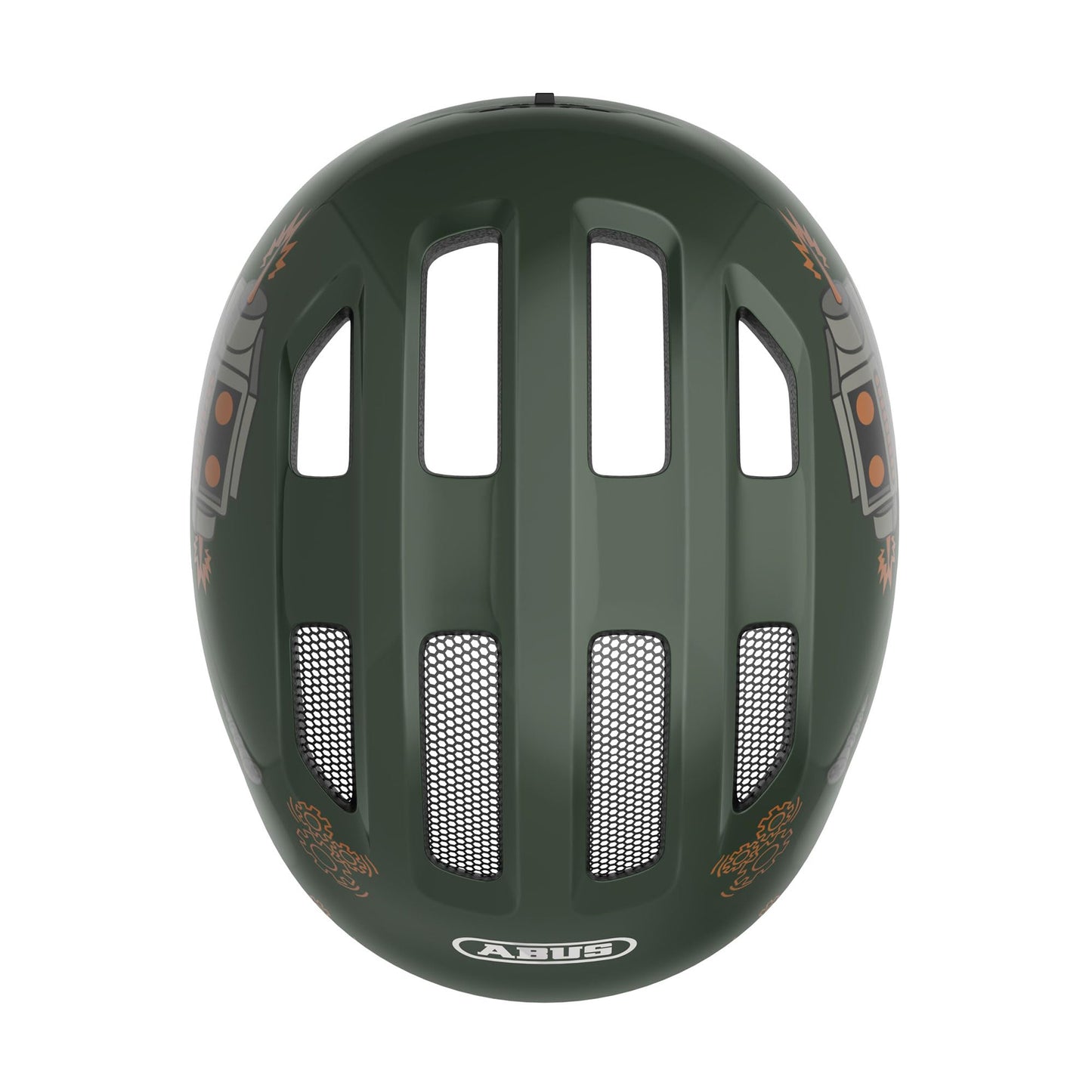 ABUS children's helmet Smiley 3.0 - bicycle helmet with a deep fit, child-friendly designs & space for a braid - for girls and boys - green with robot pattern, size S - 67267