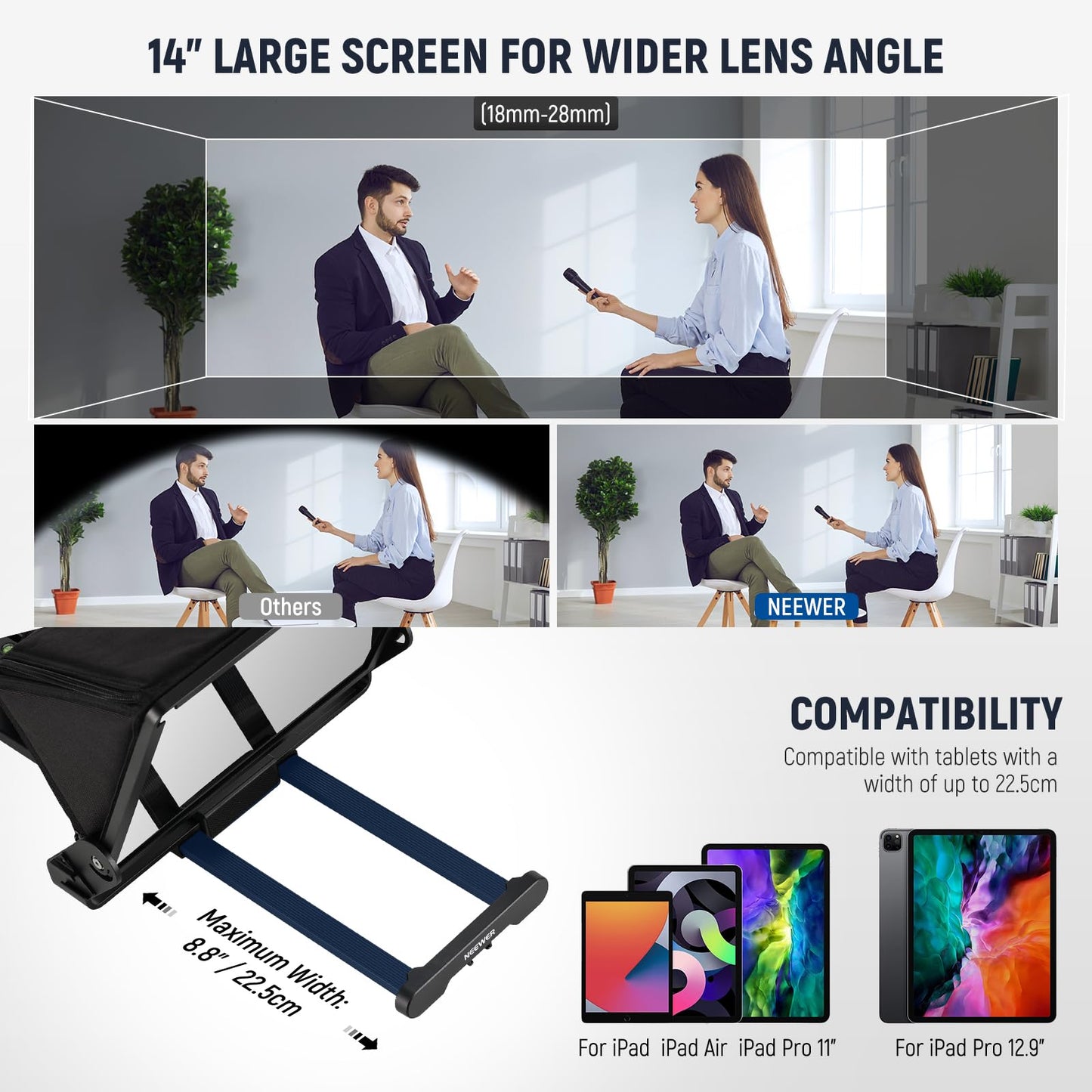 NEEWER Teleprompter X14 III with RT113 remote/app control, 45° tilt 14" beam splitter metal frame camera mount QR plate compatible with 501PL compatible with iPhone iPad DSLR no assembly