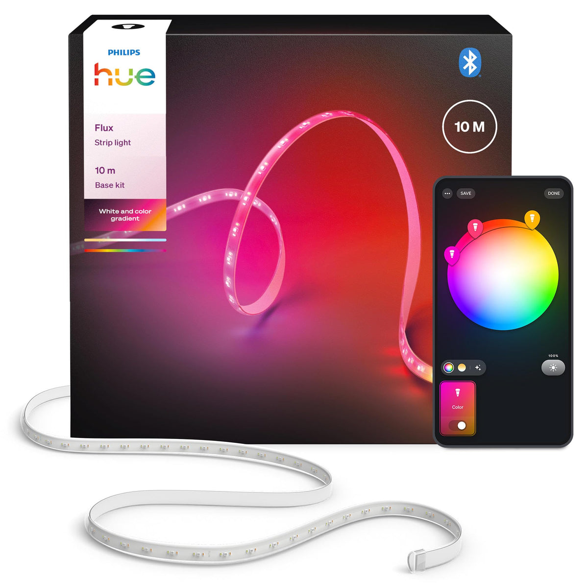 Philips Hue Flux 10m LED Lightstrip, 1200 lm light band, flexible indoor lighting, Chromasync™ color mixing, RGBWWIC, LED strip can be cut, expandable, reusable, app and voice control. - 929004610802