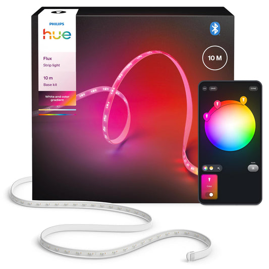 Philips Hue Flux 10m LED-Lightstrip, 1200 lm band de lumină, iluminare interioară flexibilă, amestec de culori Chromasync™, RGBWWIC, bandă LED tăiată, extensibilă, reutilizabilă, control prin aplicație și vocal. - 929004610802