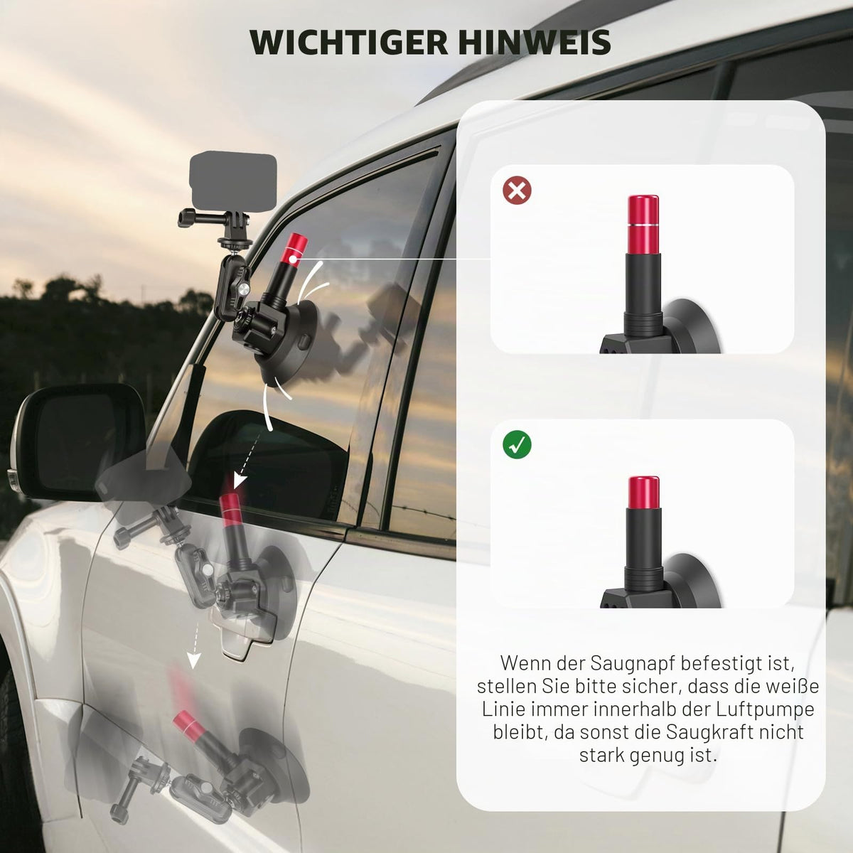 NEEWER car mount set with three suction cups, camera mount made of carbon fiber with action camera adapter, NATO rail and 60cm extension rod compatible with GoPro Insta360, max load 1kg CA136