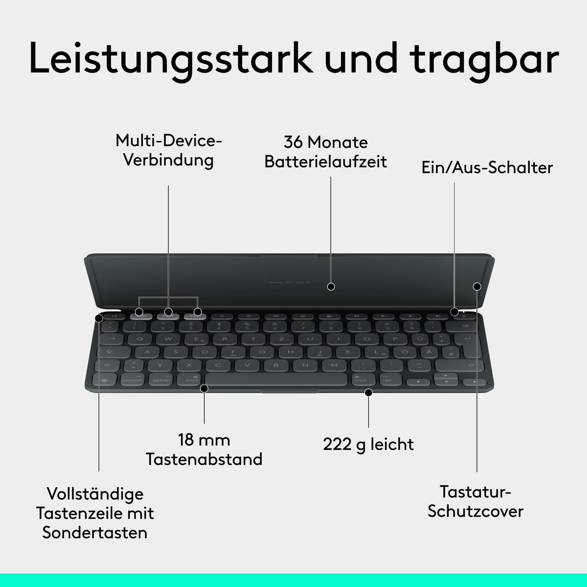Logitech Keys-to-Go 2 și Mobi Fold, tastatură subțire cu husă și mouse pliabil, ușor, mobil, Bluetooth, pentru Windows-PC, Mac, Android, Chromebook, iPad, DEU QWERTZ - Grafit - 910-007631