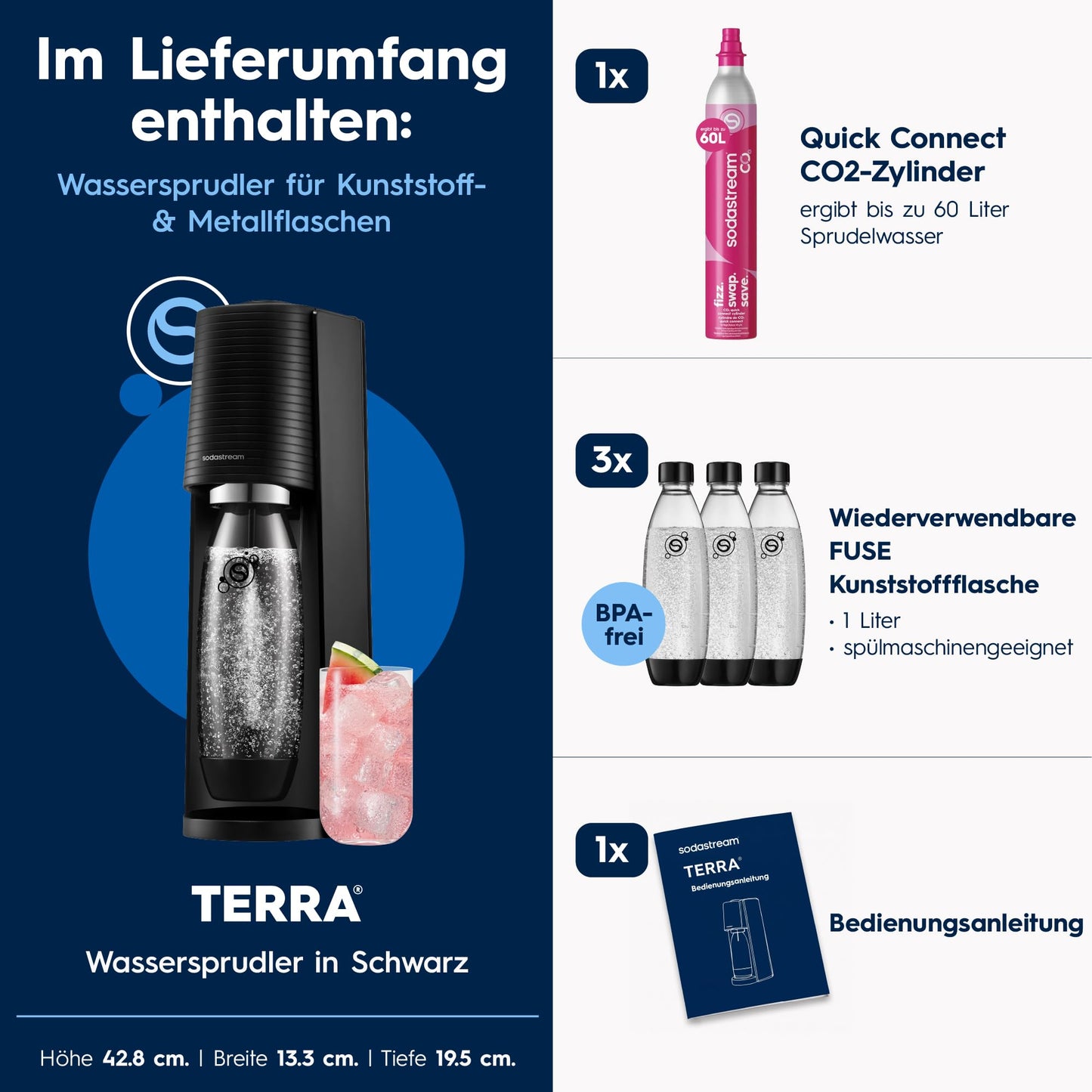 Sodastream TERRA water soda maker, Soda Stream machine with 1 Quick Connect 60L CO2 cylinder, 2x 1L and 3x 1L dishwasher-safe plastic soda bottles, height 44 cm, black - 1100448490