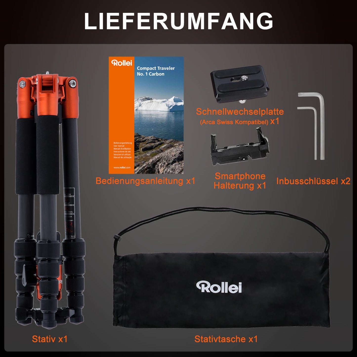 Rollei Compact Traveler No.1 Carbon Orange, 145cm camera tripod pack size 34cm compact photo tripod with ball head Arca Swiss compatible lightweight travel tripod with monopod function for DSLR & smartphone - 22579