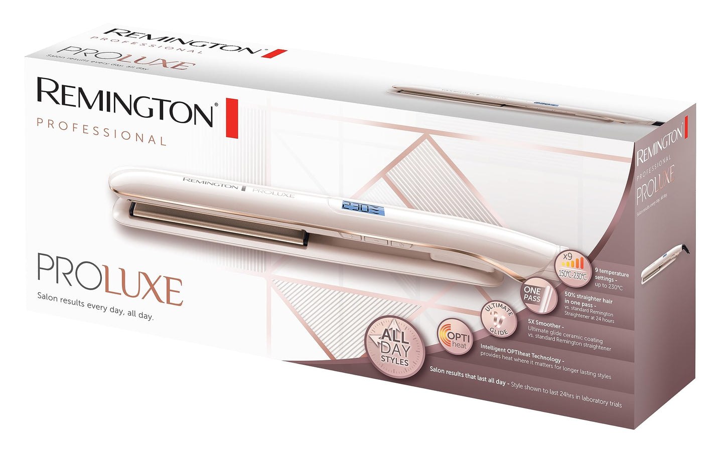 Remington straightener PROluxe (OPTIheat technology for long-lasting styling results in just one move & Ultimate Glide ceramic coating) LCD display, 150-230°C, hair straightener S9100