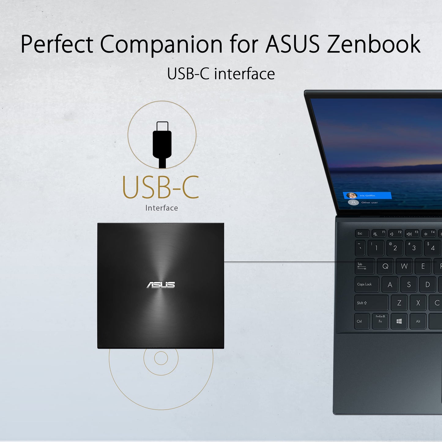 ASUSK ZenDrive U8M (SDRW-08U8M-U) external DVD drive/burner (interface, compatible with Windows and Mac OS, M-DISC support, comprehensive backup solutions), black, USB-C cable - 90DD027X-B10000