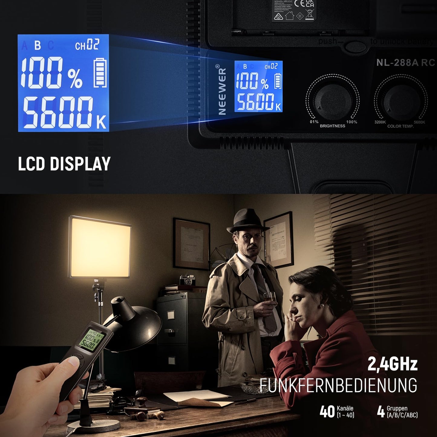 NEEWER 18" LED video light panel set, streaming light with 2 pieces 45W dimmable two-tone, with remote control & light stand, 3200K-5600K soft video light CRI 97+ 4800Lux for YouTube camera photography - 10100659
