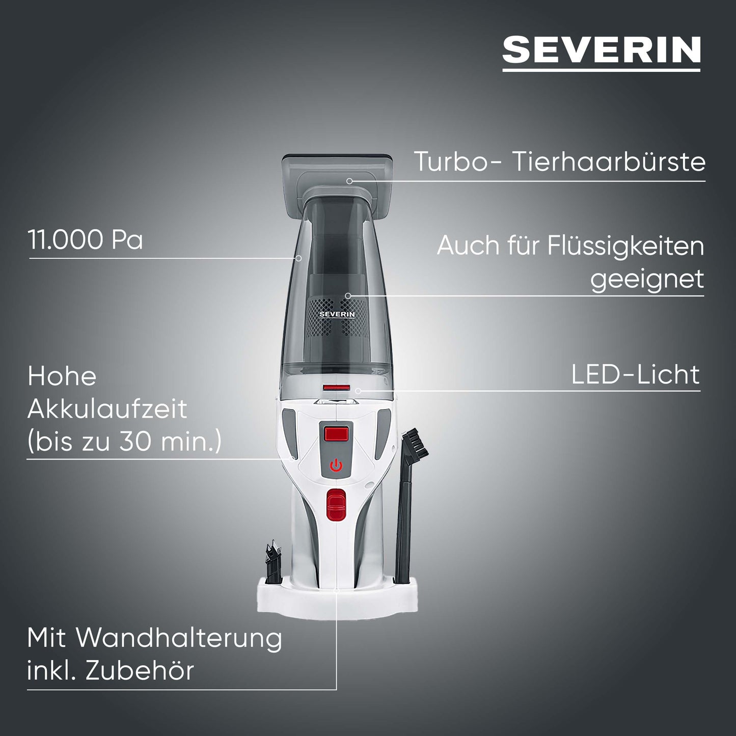 Severin 4-in-1 cordless handheld vacuum cleaner, wireless wet & dry vacuum cleaner for car seats, handheld vacuum cleaner for pet hair & liquids, up to 30 minutes running time in eco mode, white-grey-red, HV 7146