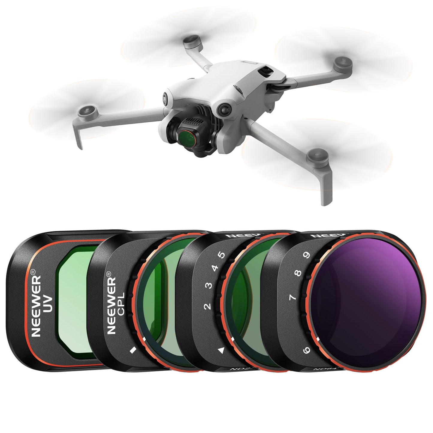 NEEWER Variable ND filter set compatible with DJI Mini 4 Pro, 4 pack ND2-ND3 (1-5 f-stops)/ND64-ND512 (6-9 f-stops) VND/CPL/UV filter drone lens accessories, optical HD glass/aluminum frame - FL-33