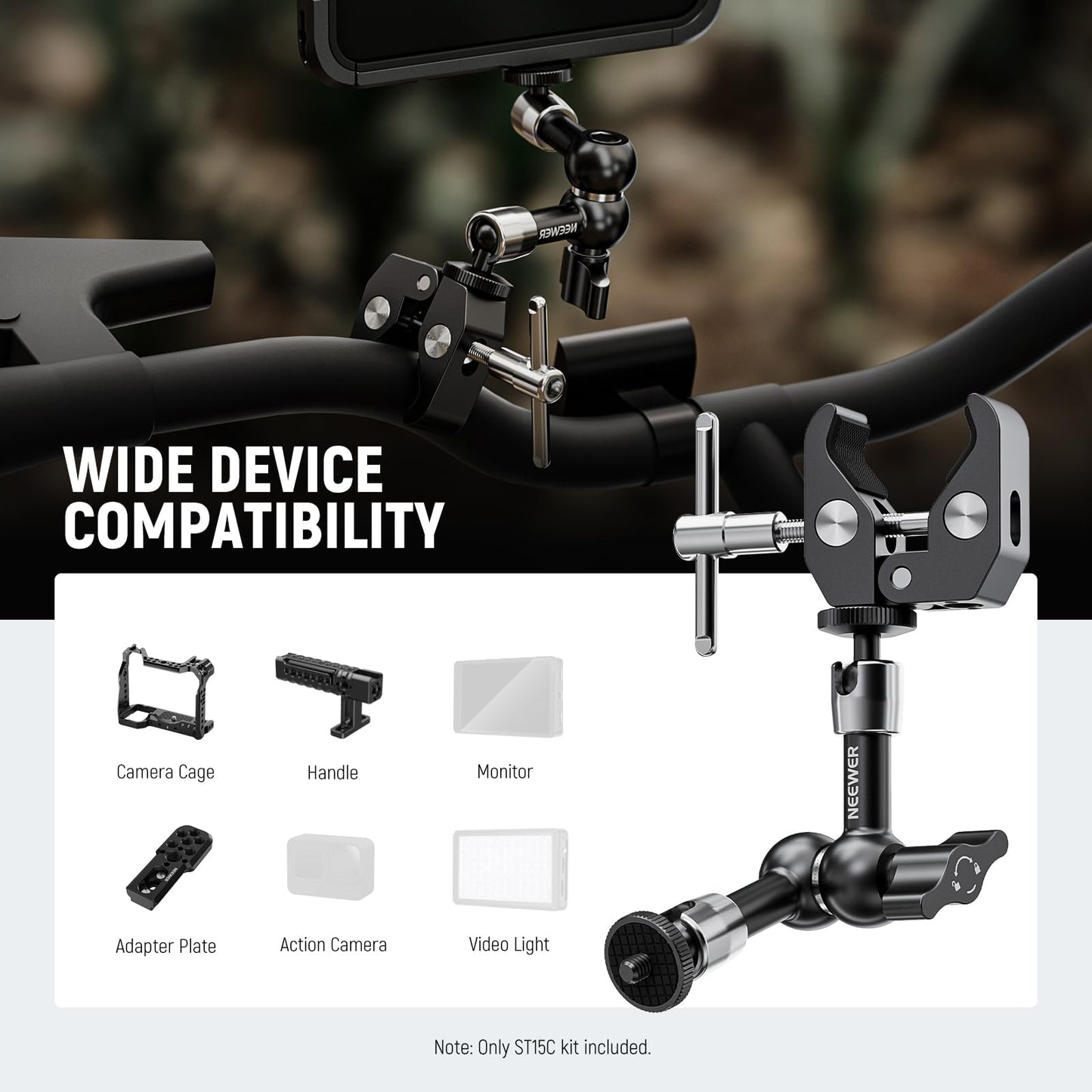 NEEWER 6"/15cm Magic Arm adjustable with Super Clamp, 1/4" and 3/8" thread, 1/4" screws for flash/LED light/microphone/monitor compatible with SmallRig camera cage, maximum load: 2kg, ST15C