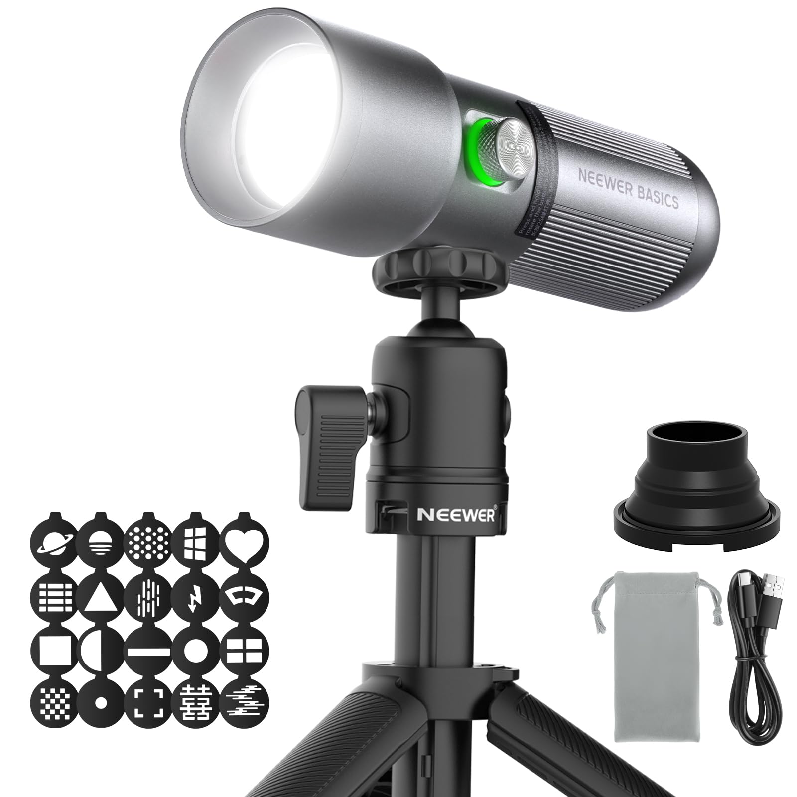 NEEWER BASICS RGB Photography Flashlight with Table Tripod/4 Colors/20 Gobo Filters/7500mAh 10W 6300K CRI 95+ Portable LED Headlight, Spotlight Ambient Light for Sunsets, Studio Light, FL10
