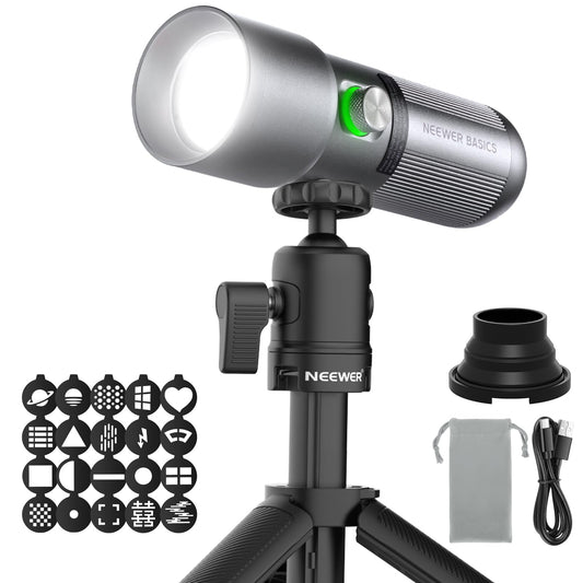 NEEWER BASICS RGB Photography Flashlight with Table Tripod/4 Colors/20 Gobo Filters/7500mAh 10W 6300K CRI 95+ Portable LED Headlight, Spotlight Ambient Light for Sunsets, Studio Light, FL10