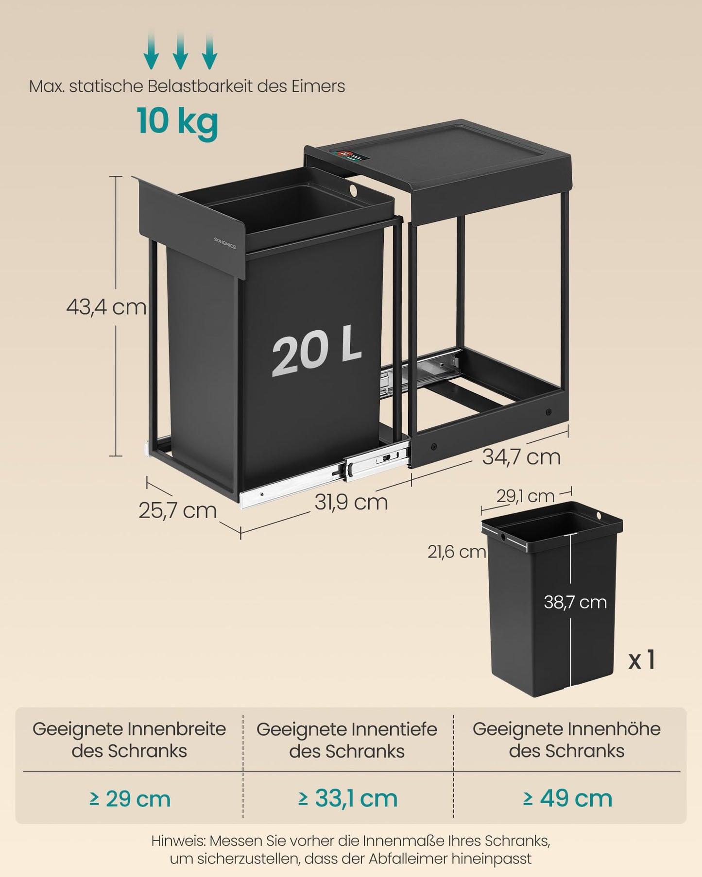 SONGMICS Kitchen Trash Can for Base Cabinet, 1 x 20 L, Extendable Trash Can, Steel Frame, ABS Lid, Ink Black LTB920BZ01