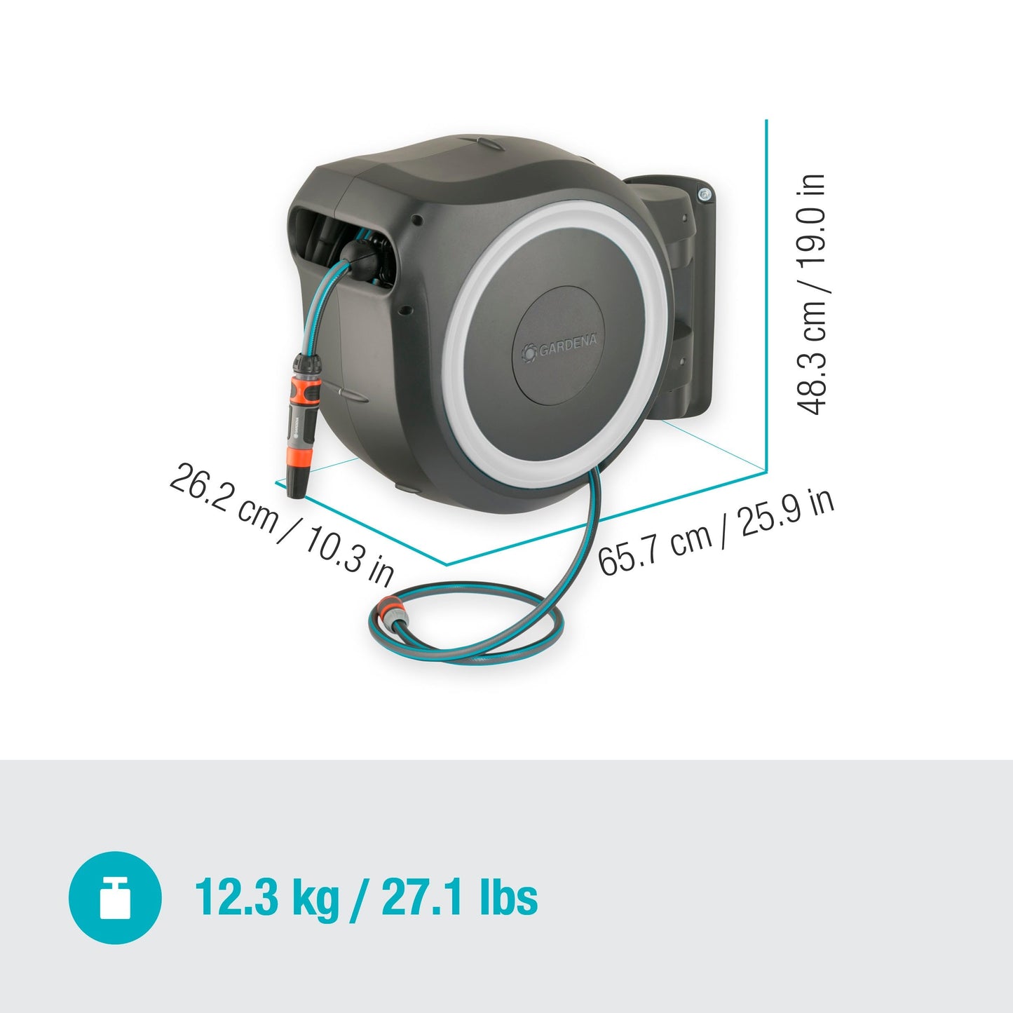 Gardena wall hose box RollUp L (white) 30 m exclusively for Amazon: Swivel hose box, integrated hose guide, incl. 30 m Gardena quality hose, cleaning syringe and shower (18627-38)