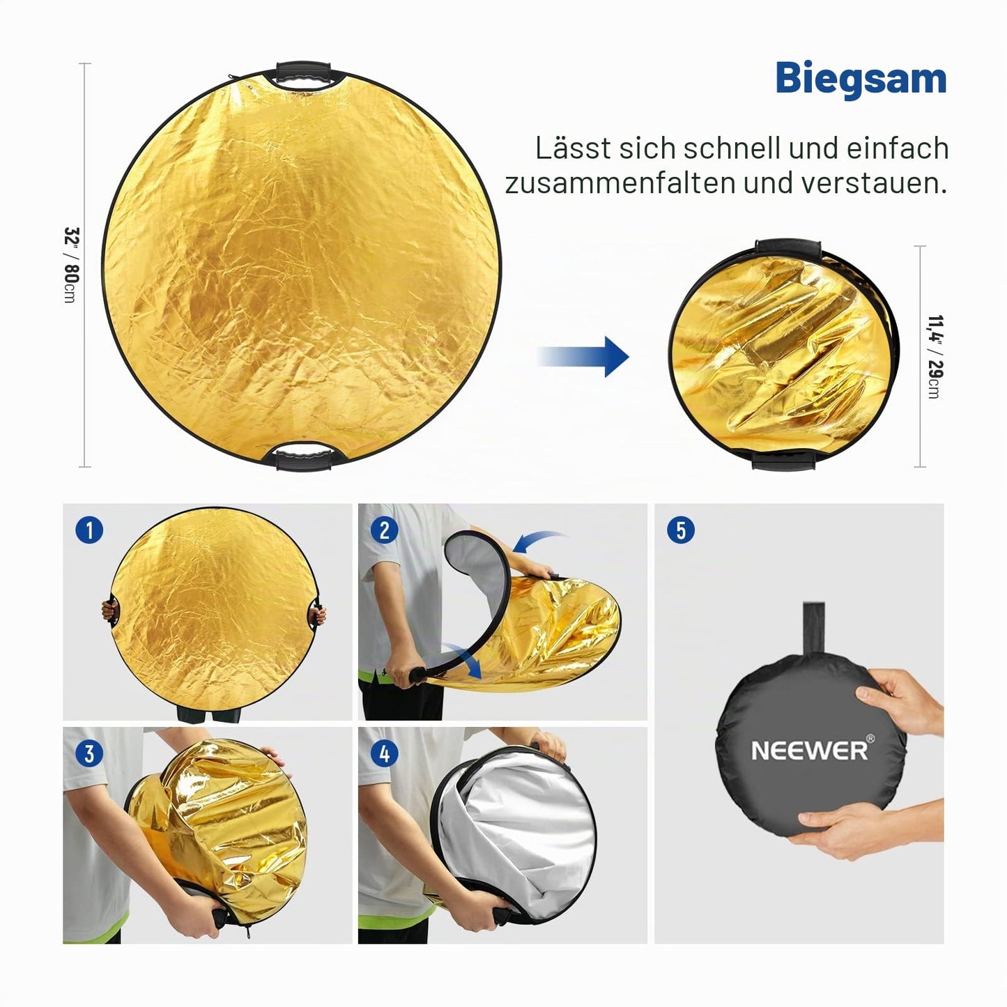 NEEWER 32"/80cm light reflector with handle with 3/8" thread, 5 in 1 folding disc light diffuser translucent/silver/gold/white/black for photo lighting, outdoor lighting, RF-80II